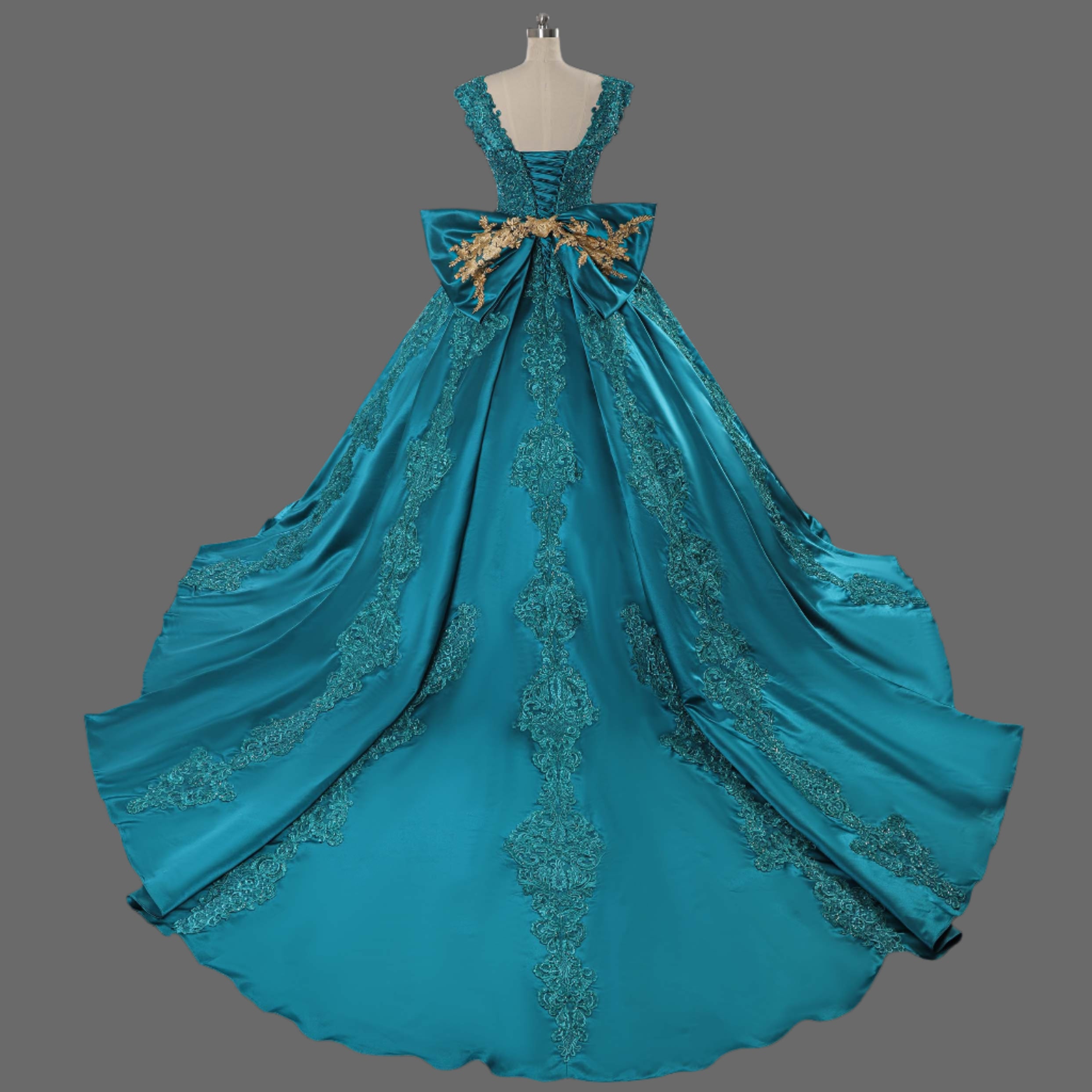 Elegant Green Silk Satin Ball Gown Wedding Dress - Handcrafted with Intricate Embroidery