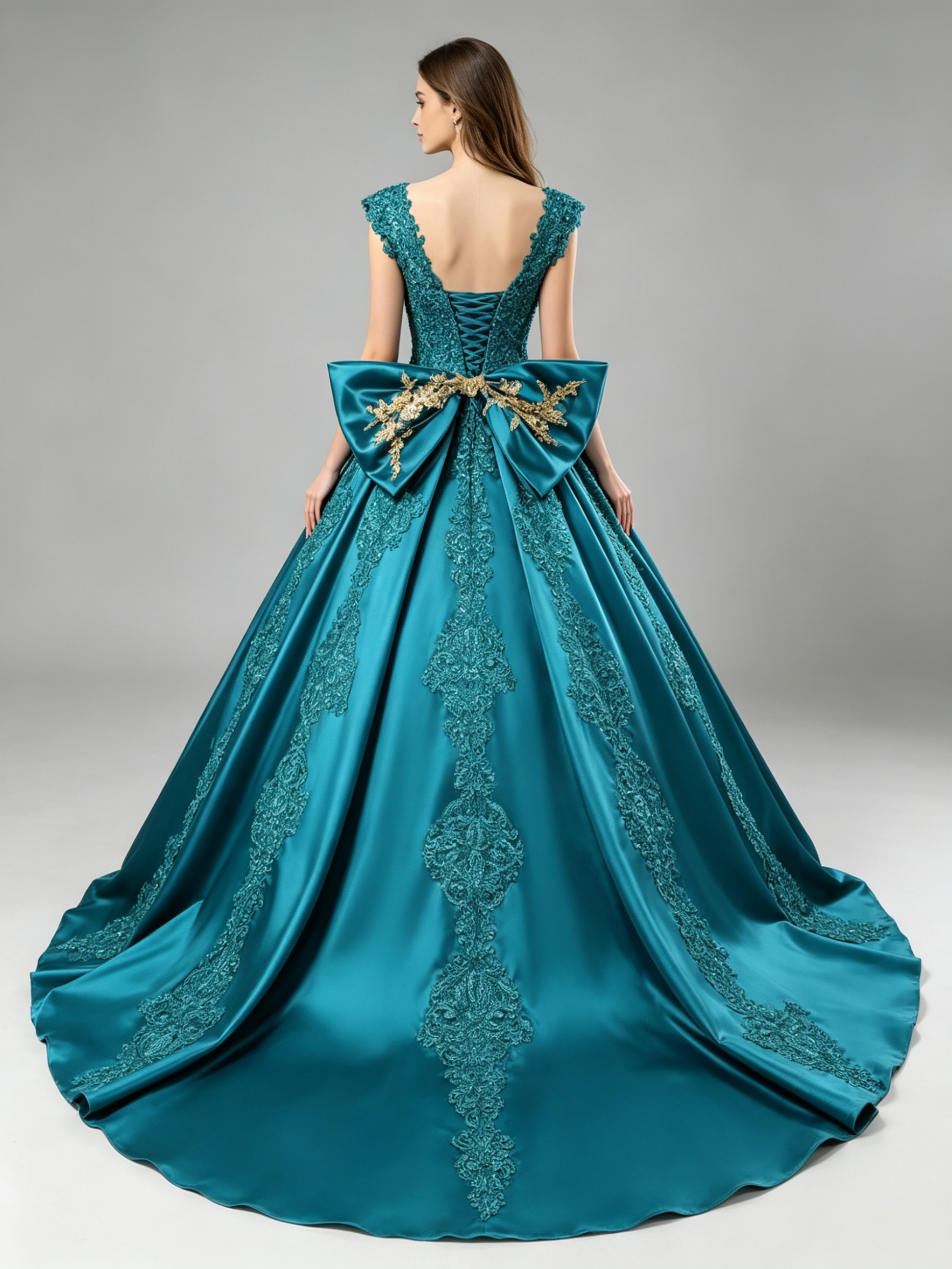Elegant Green Silk Satin Ball Gown Wedding Dress - Handcrafted with Intricate Embroidery