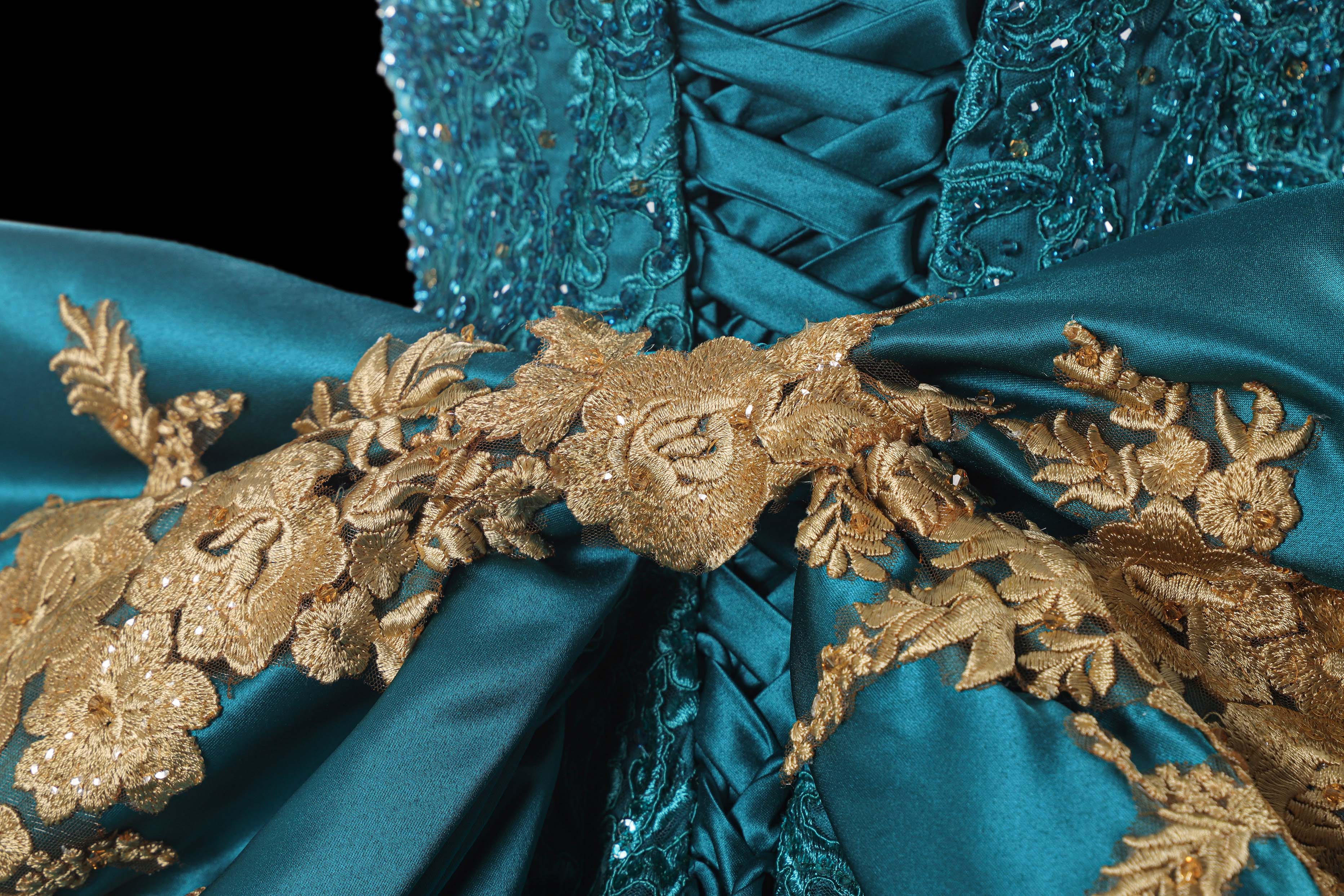 Elegant Green Silk Satin Ball Gown Wedding Dress - Handcrafted with Intricate Embroidery