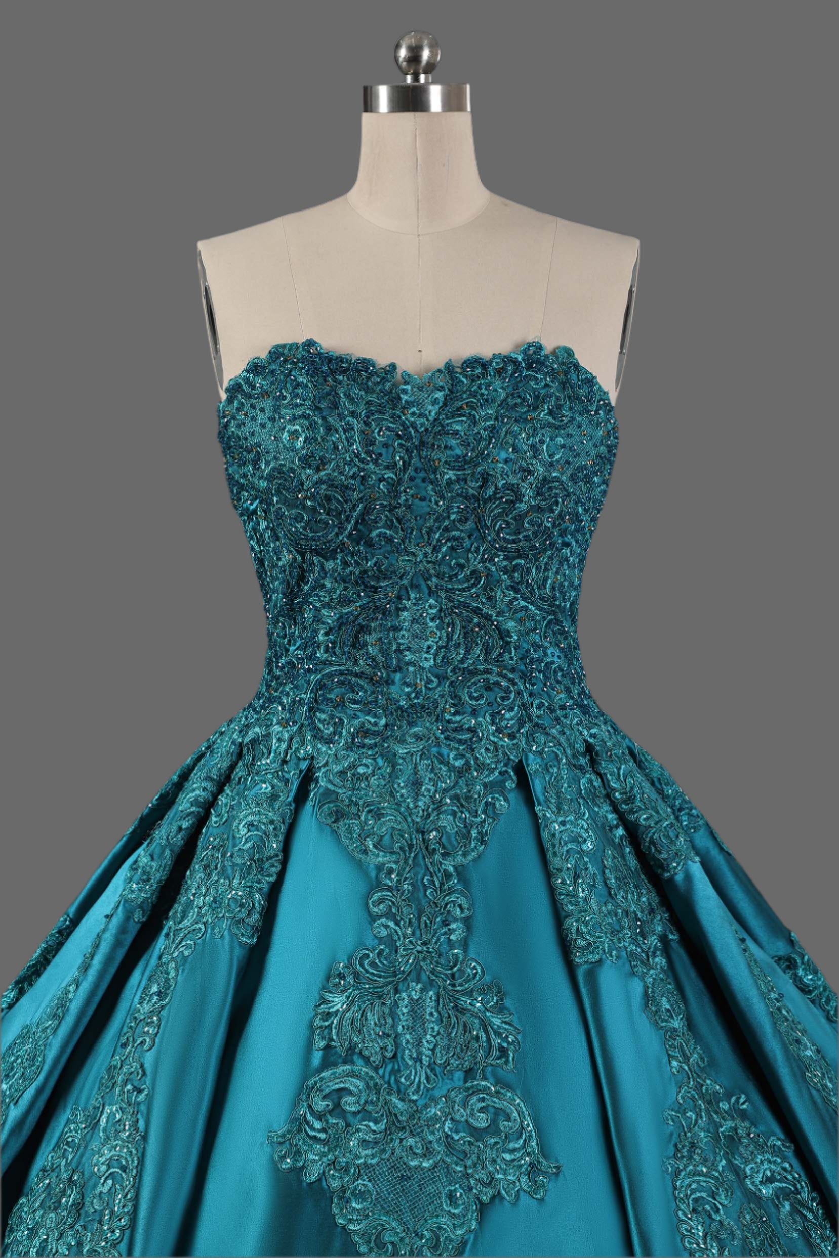 Elegant Green Silk Satin Ball Gown Wedding Dress - Handcrafted with Intricate Embroidery