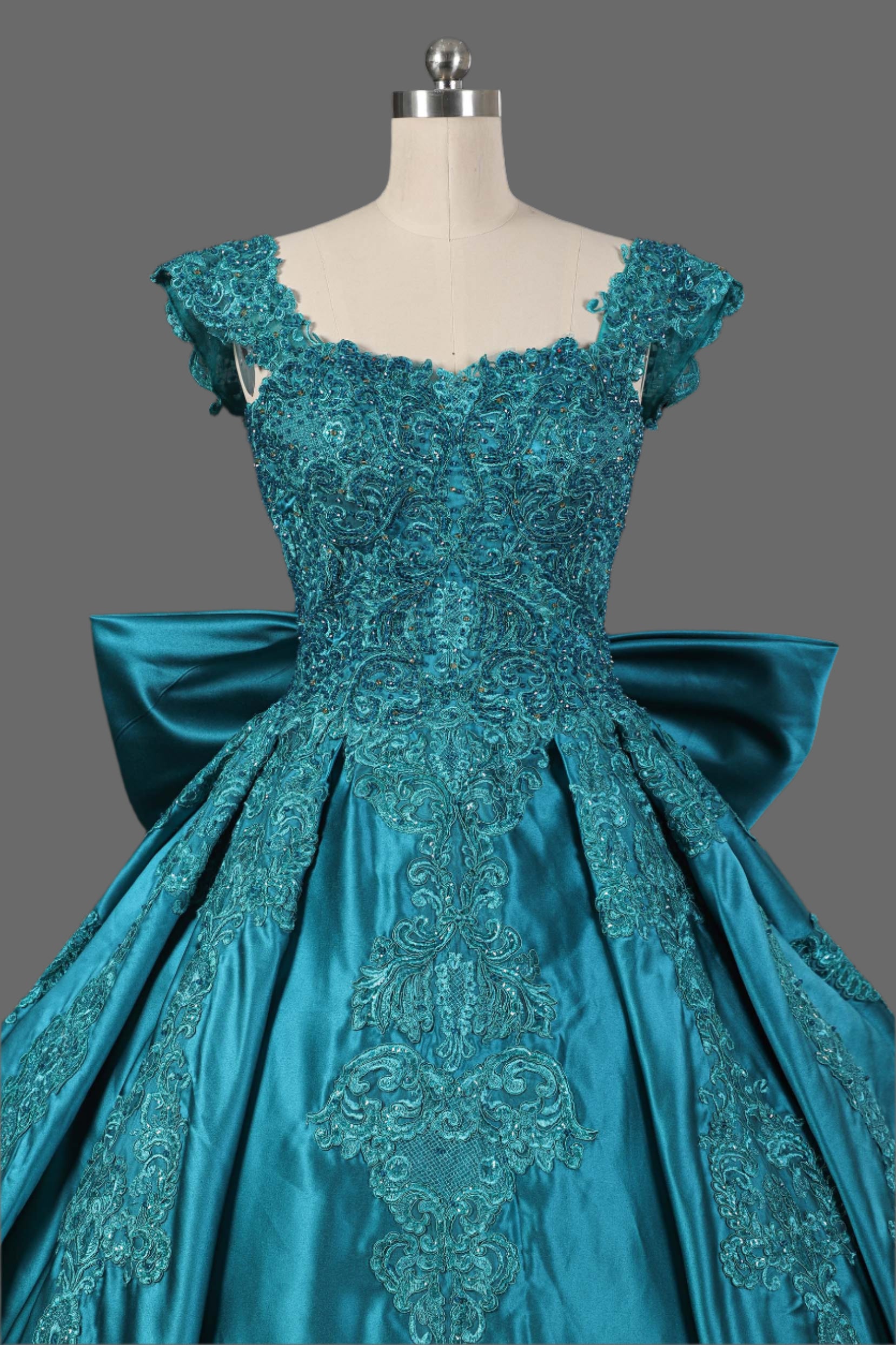 Elegant Green Silk Satin Ball Gown Wedding Dress - Handcrafted with Intricate Embroidery