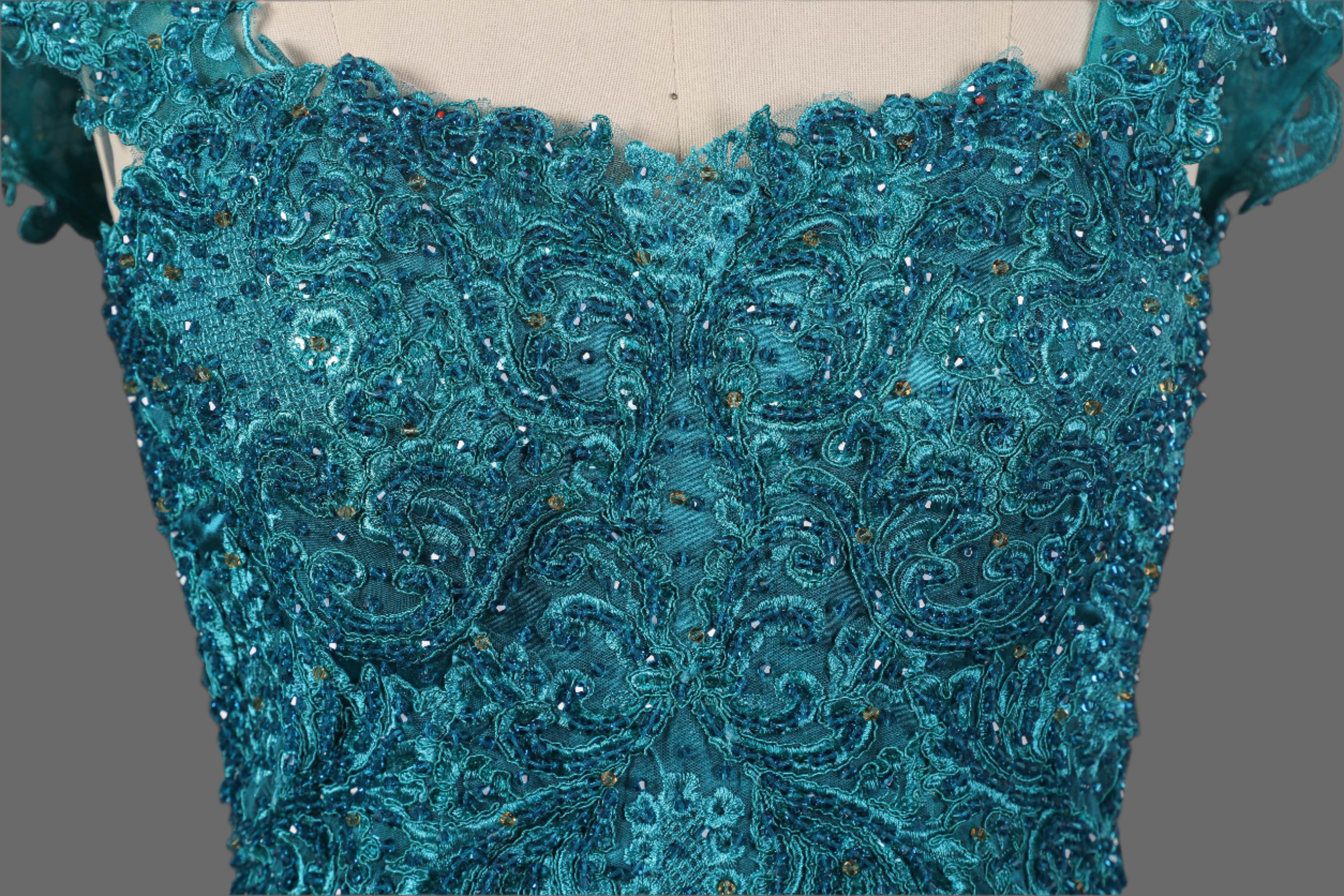 Elegant Green Silk Satin Ball Gown Wedding Dress - Handcrafted with Intricate Embroidery