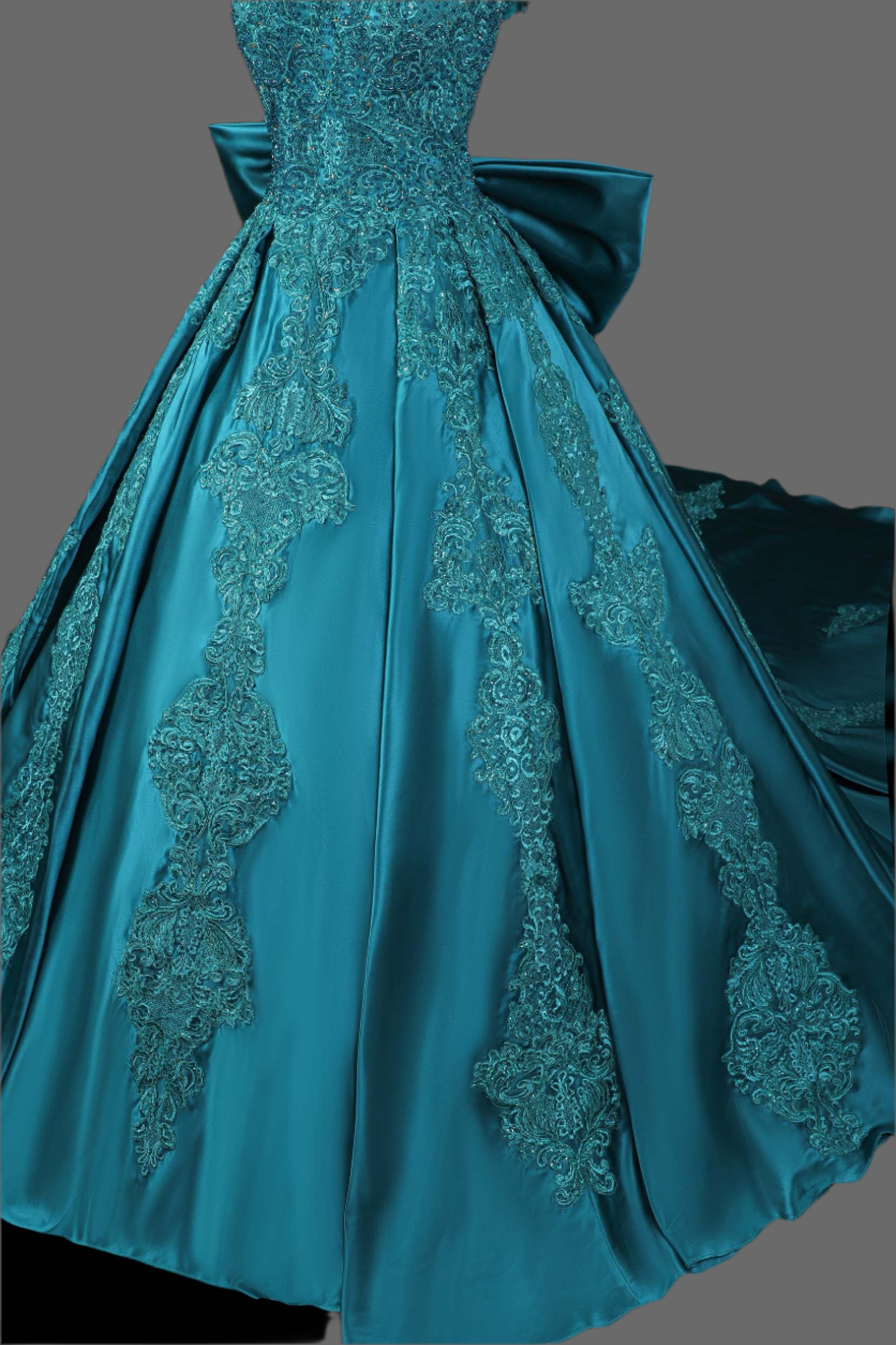 Elegant Green Silk Satin Ball Gown Wedding Dress - Handcrafted with Intricate Embroidery