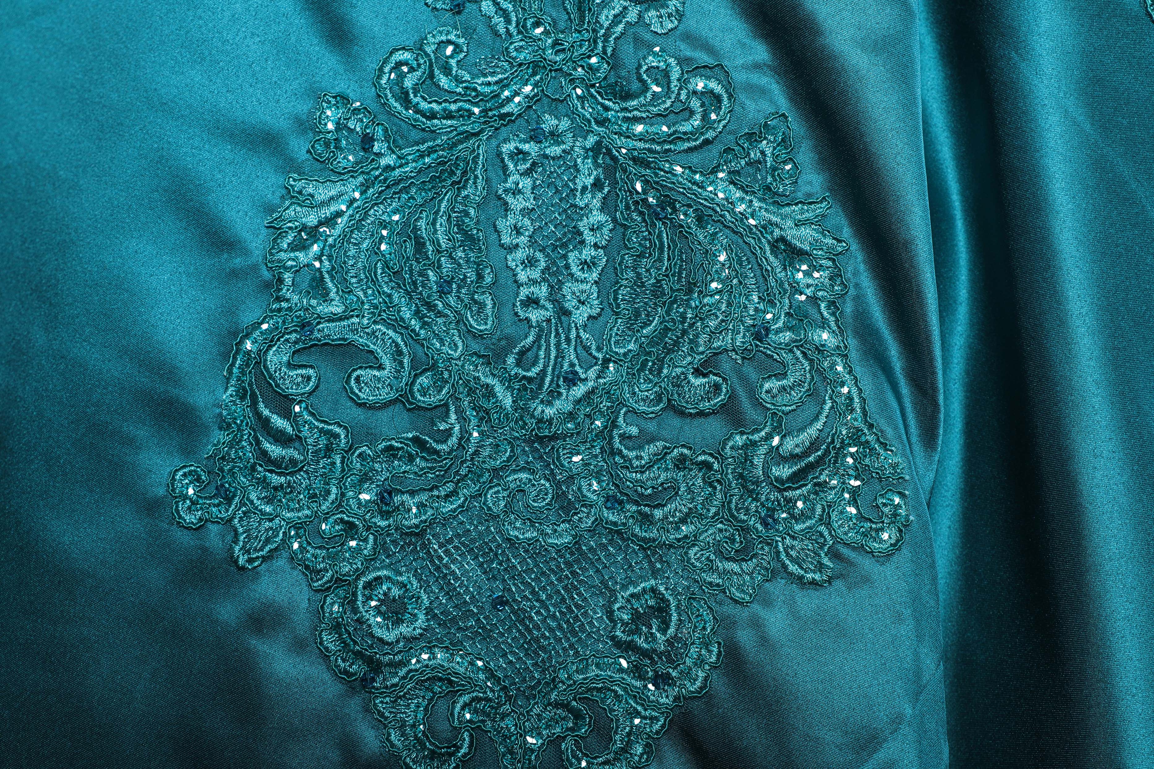 Elegant Green Silk Satin Ball Gown Wedding Dress - Handcrafted with Intricate Embroidery