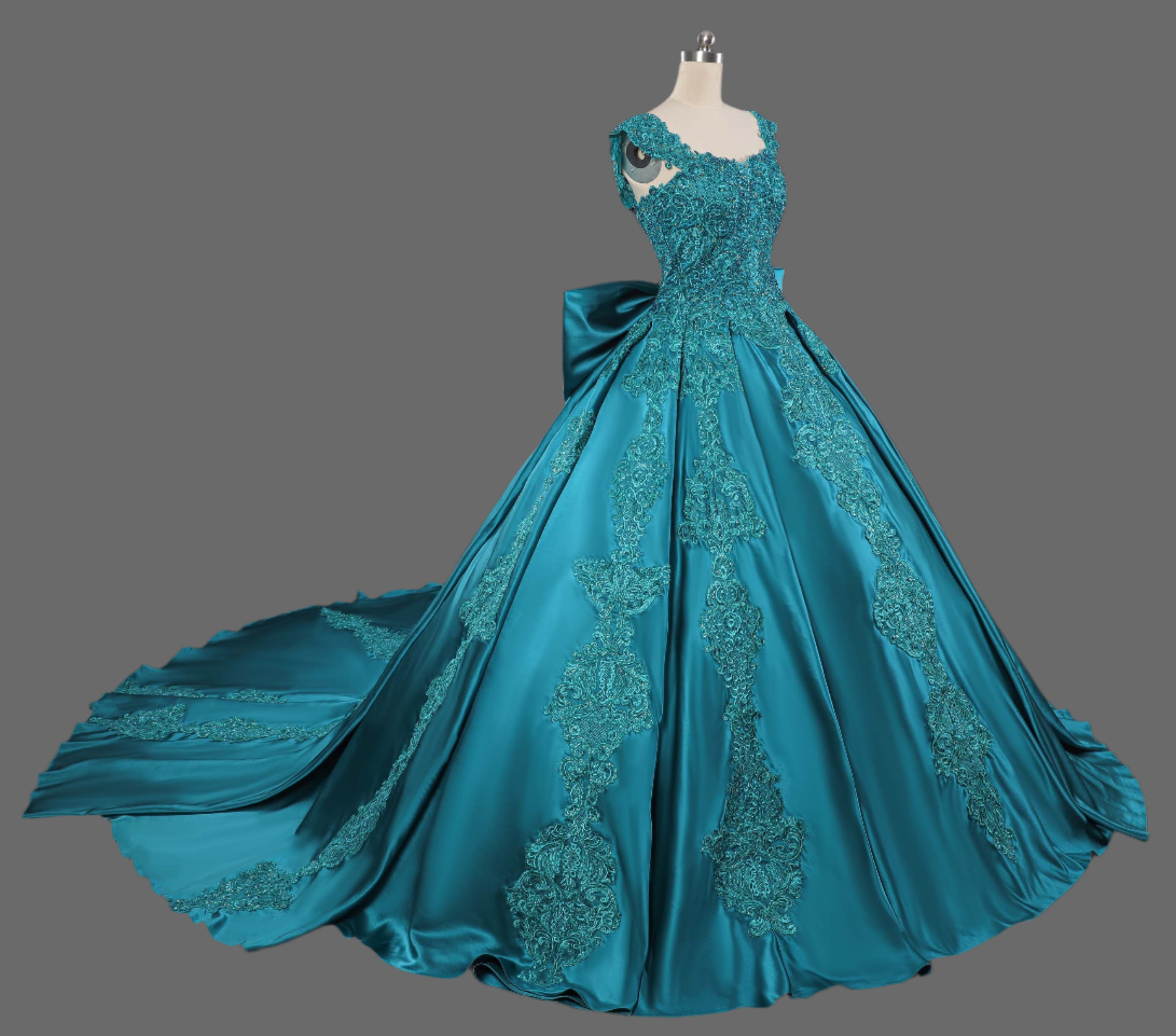 Elegant Green Silk Satin Ball Gown Wedding Dress - Handcrafted with Intricate Embroidery