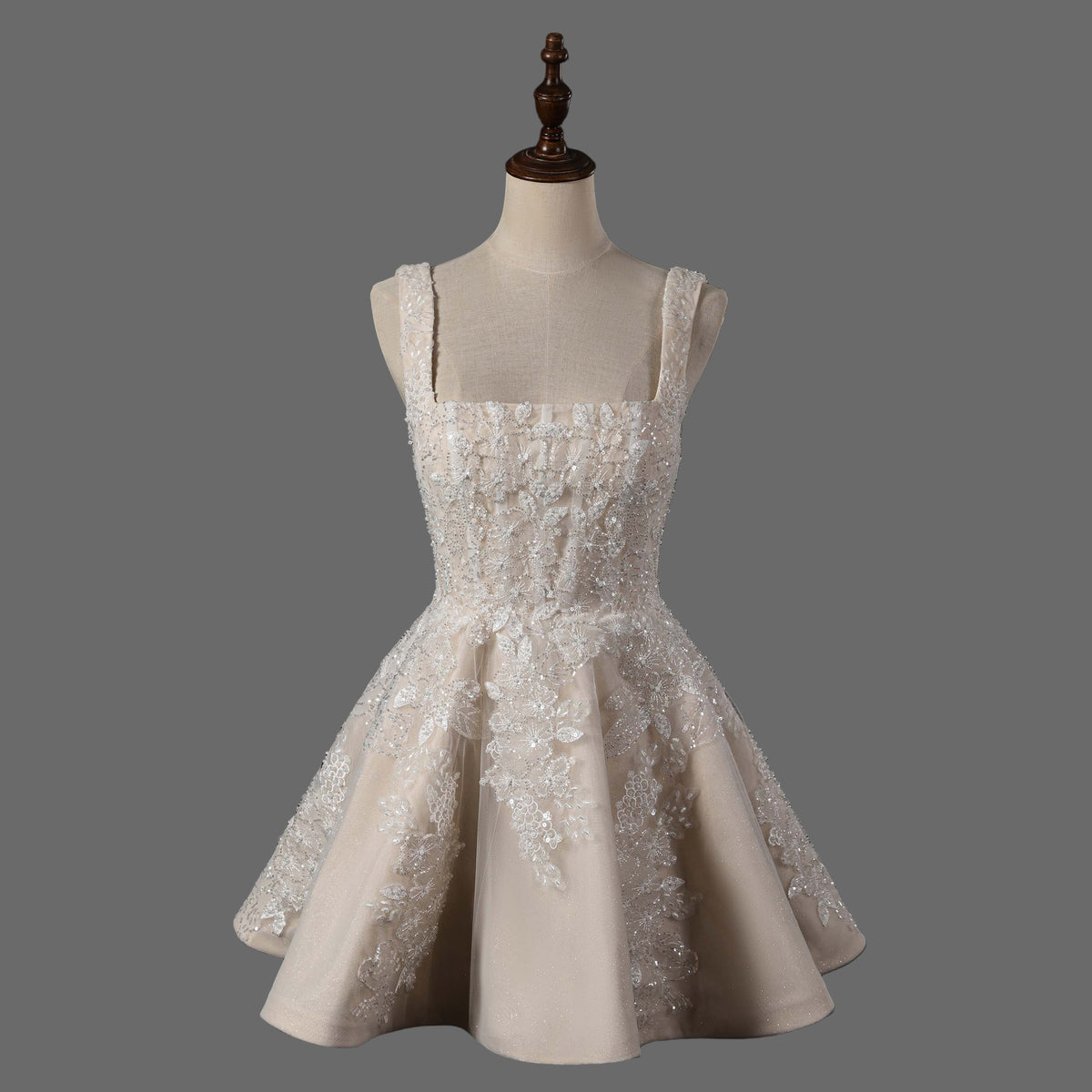 Elegant Lace Applique Mini Wedding Dress with Beaded Straps - Short Br OneWedDress Elegant Lace Applique Mini Wedding Dress with Beaded Straps - Short Br OneWedDress
