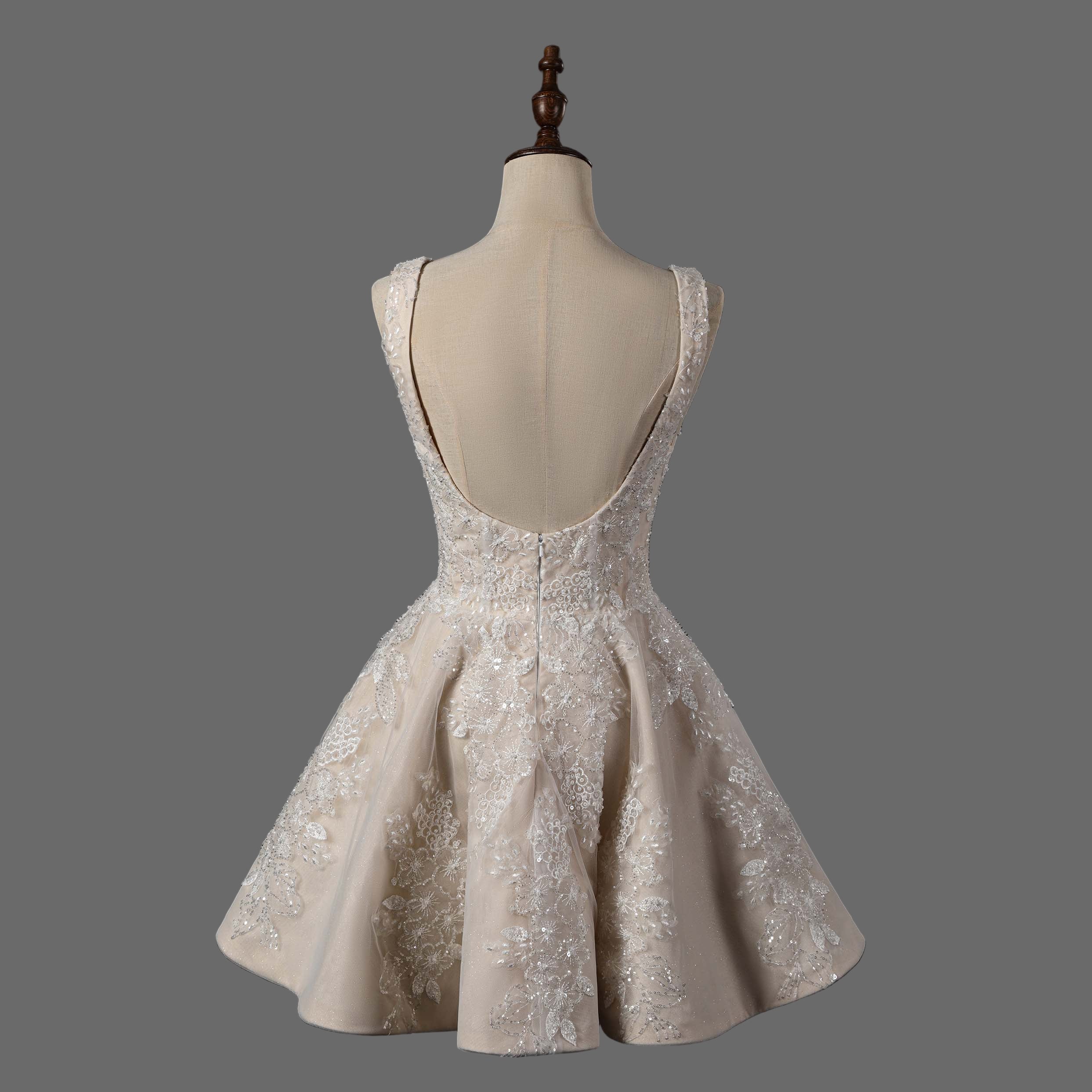 Elegant Lace Applique Mini Wedding Dress with Beaded Straps - Short Bridal Gown