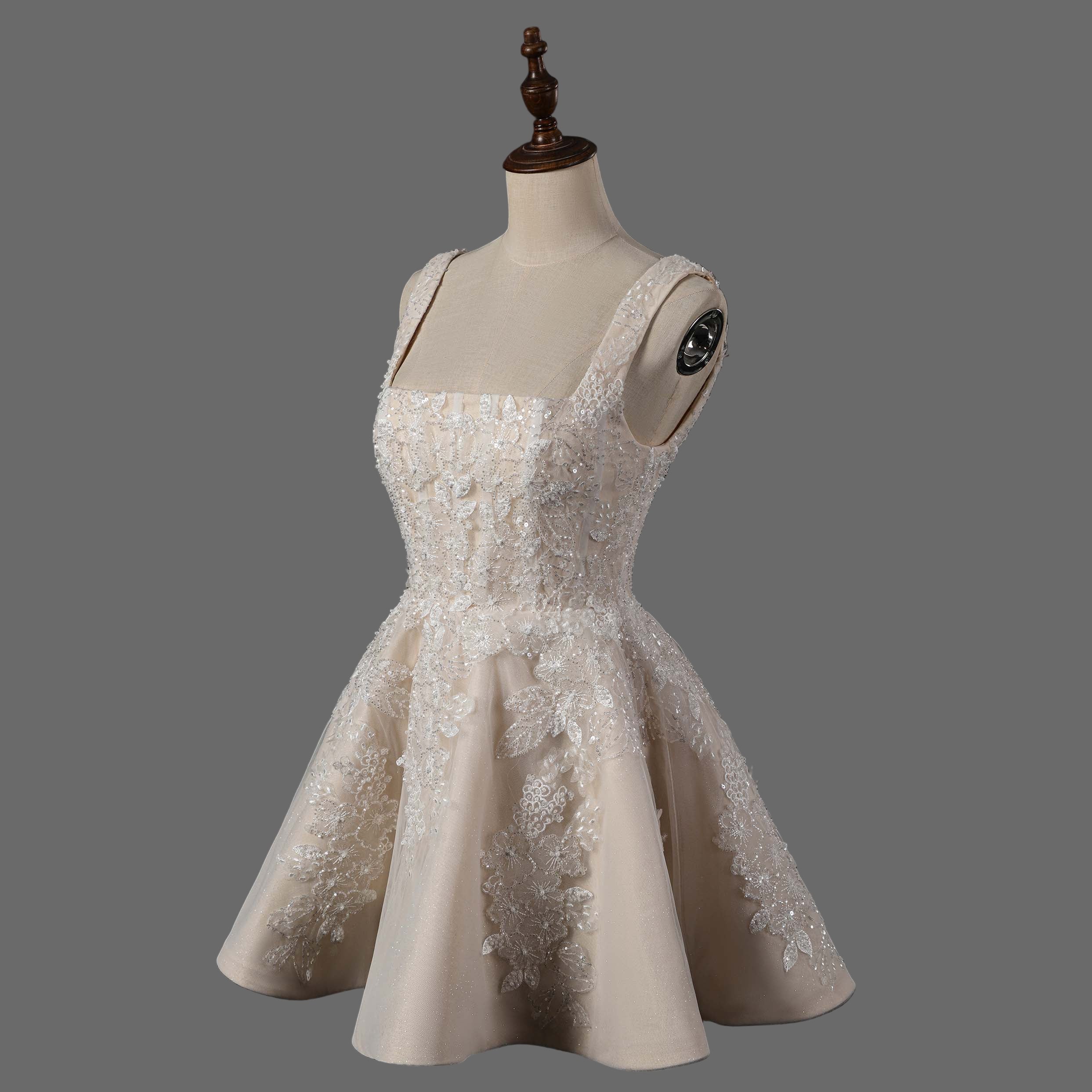 Elegant Lace Applique Mini Wedding Dress with Beaded Straps - Short Bridal Gown