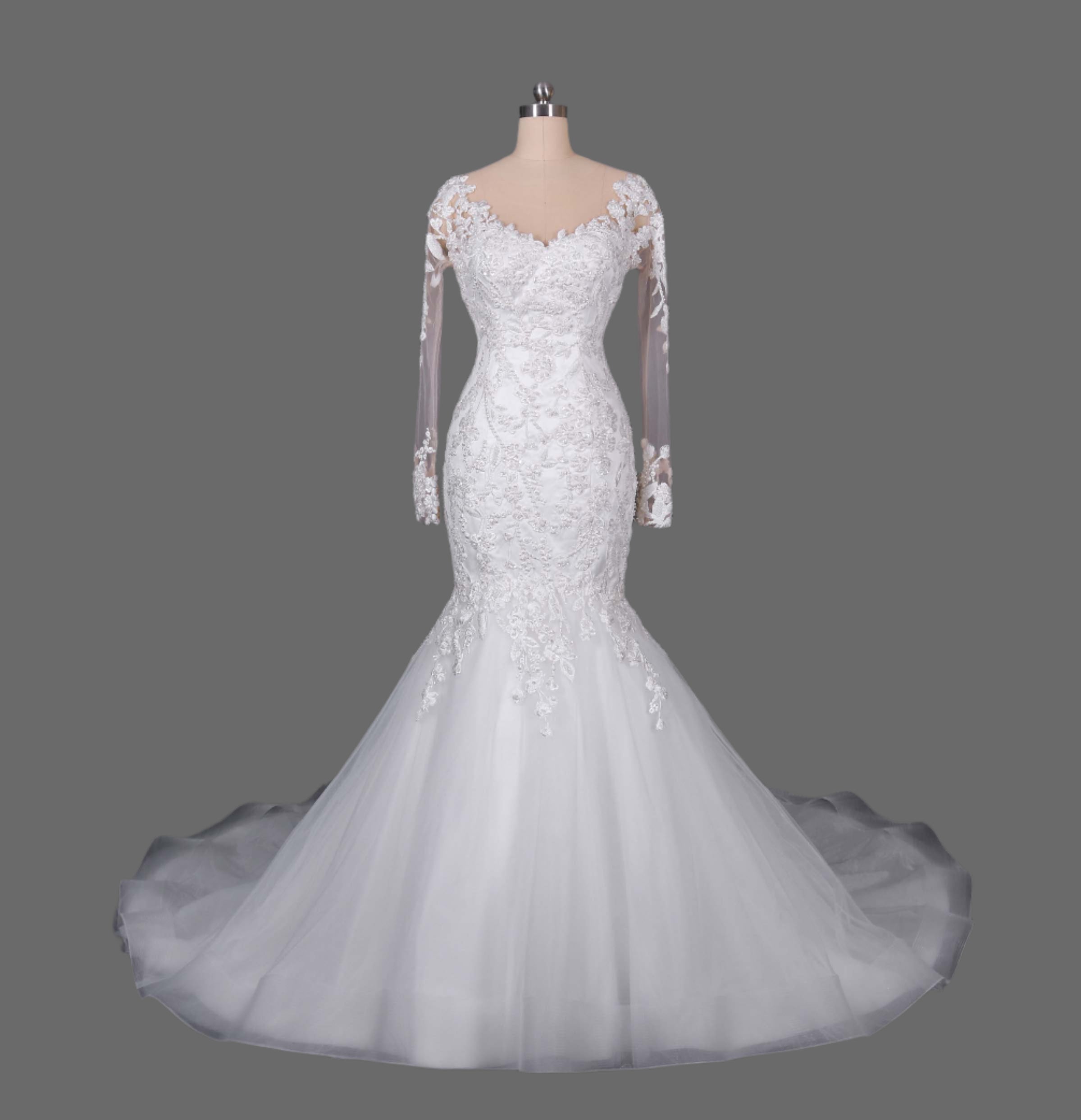 Elegant Lace Mermaid Wedding Dress with Long Illusion Sleeves and Court Train