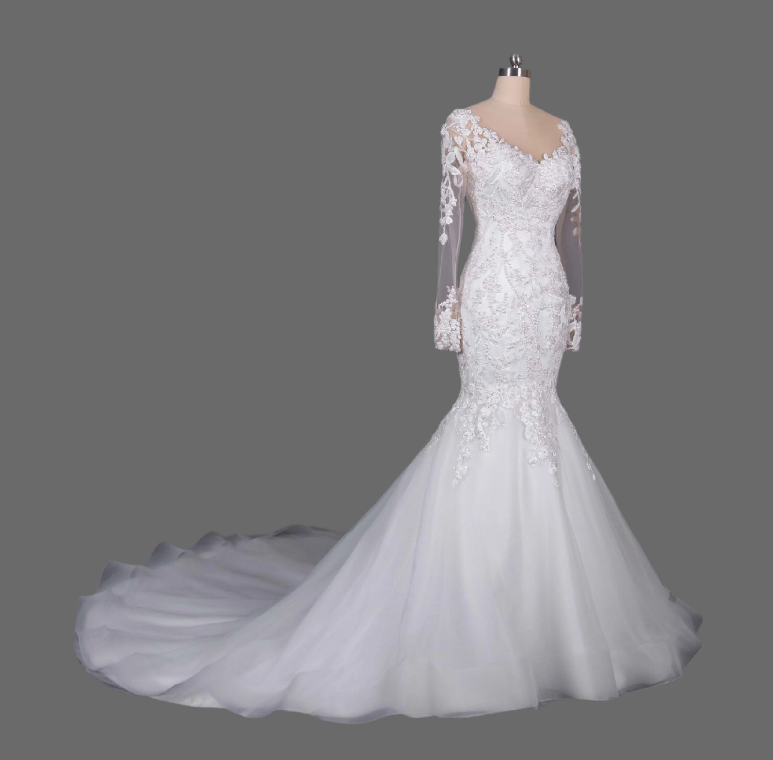 Elegant Lace Mermaid Wedding Dress with Long Illusion Sleeves and Court Train