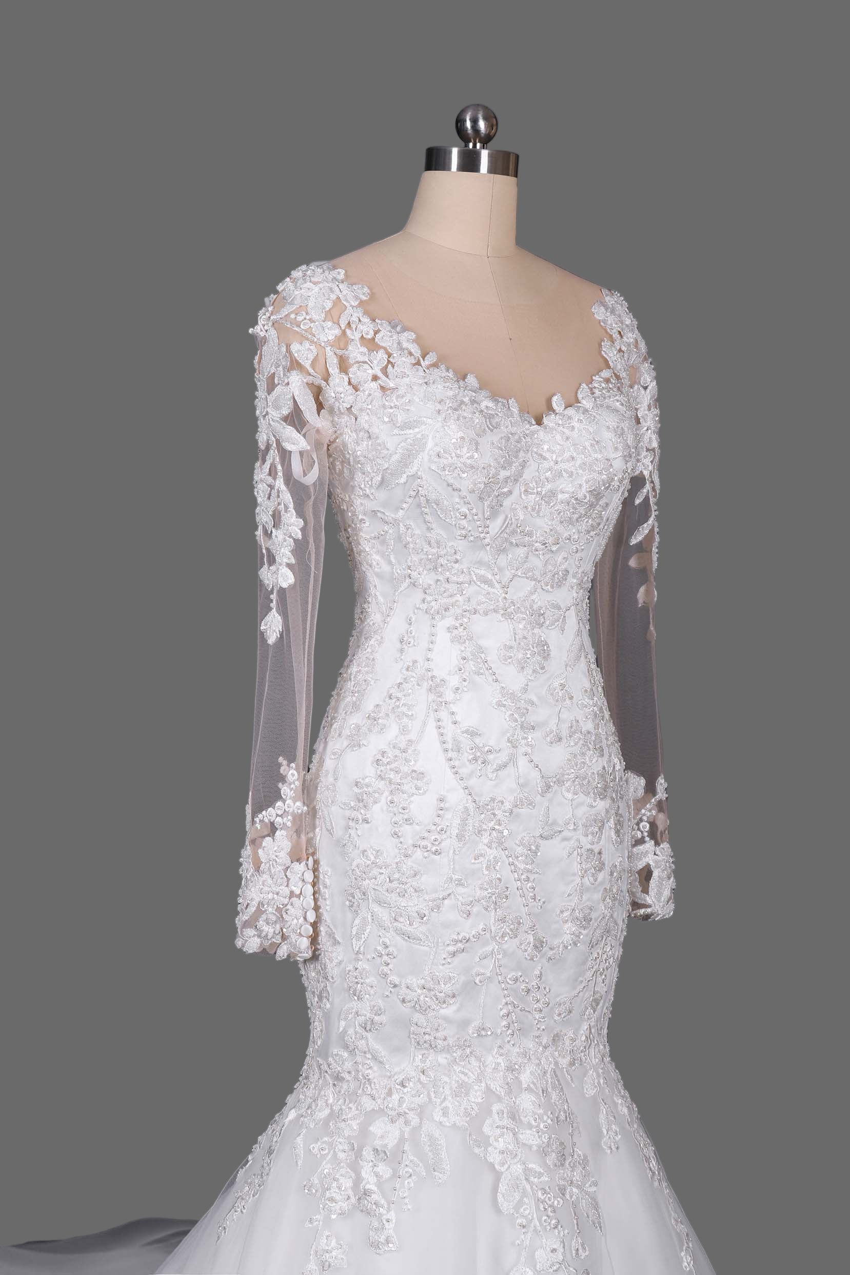 Elegant Lace Mermaid Wedding Dress with Long Illusion Sleeves and Court Train