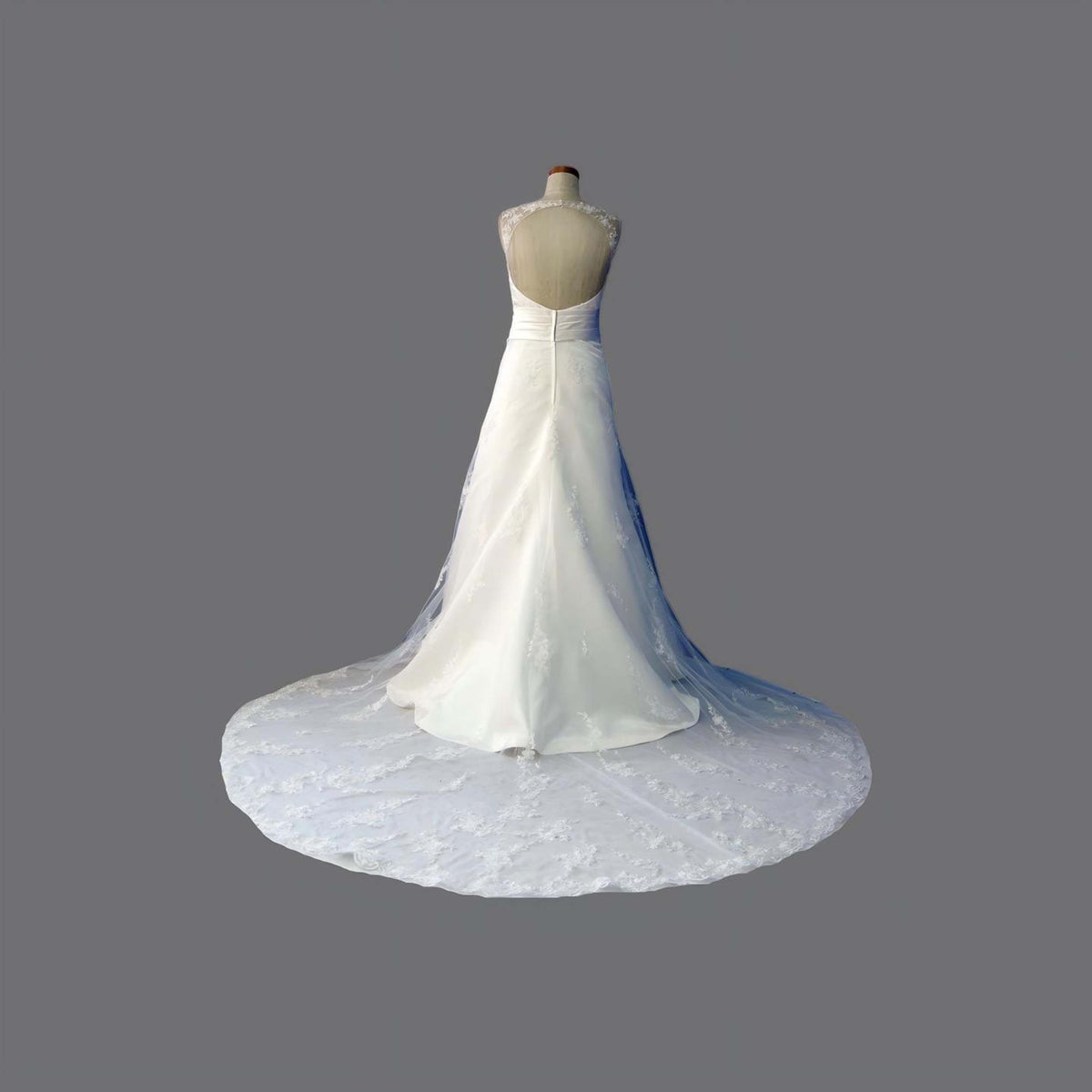 satin wedding dress with lace overlay Satin A-line Illusion Long Sleeves Wedding Dresses With Lace Appliques, MW640