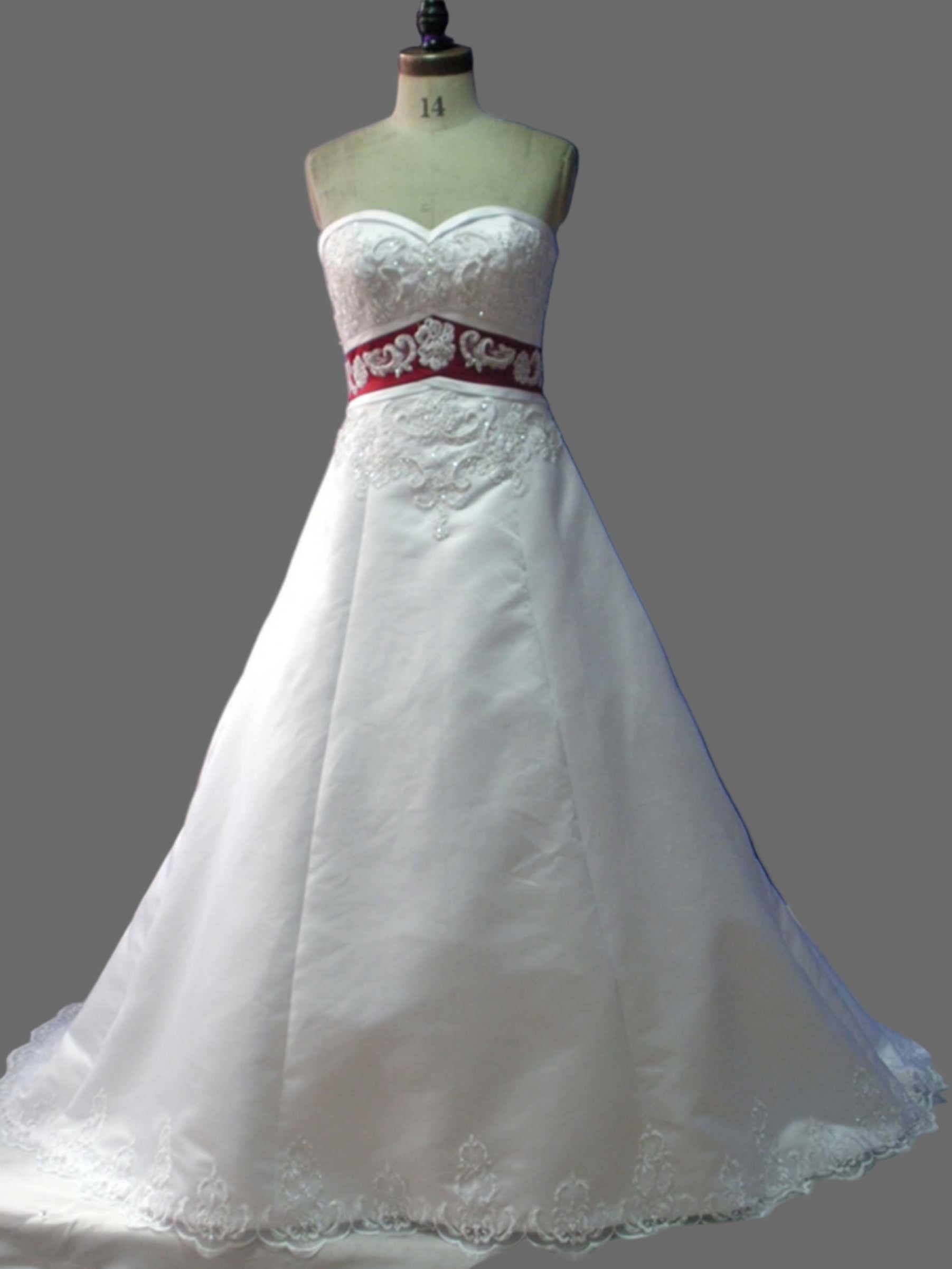 Elegant White A-Line Wedding Dress with Red Sash & Lace Embroidery Train