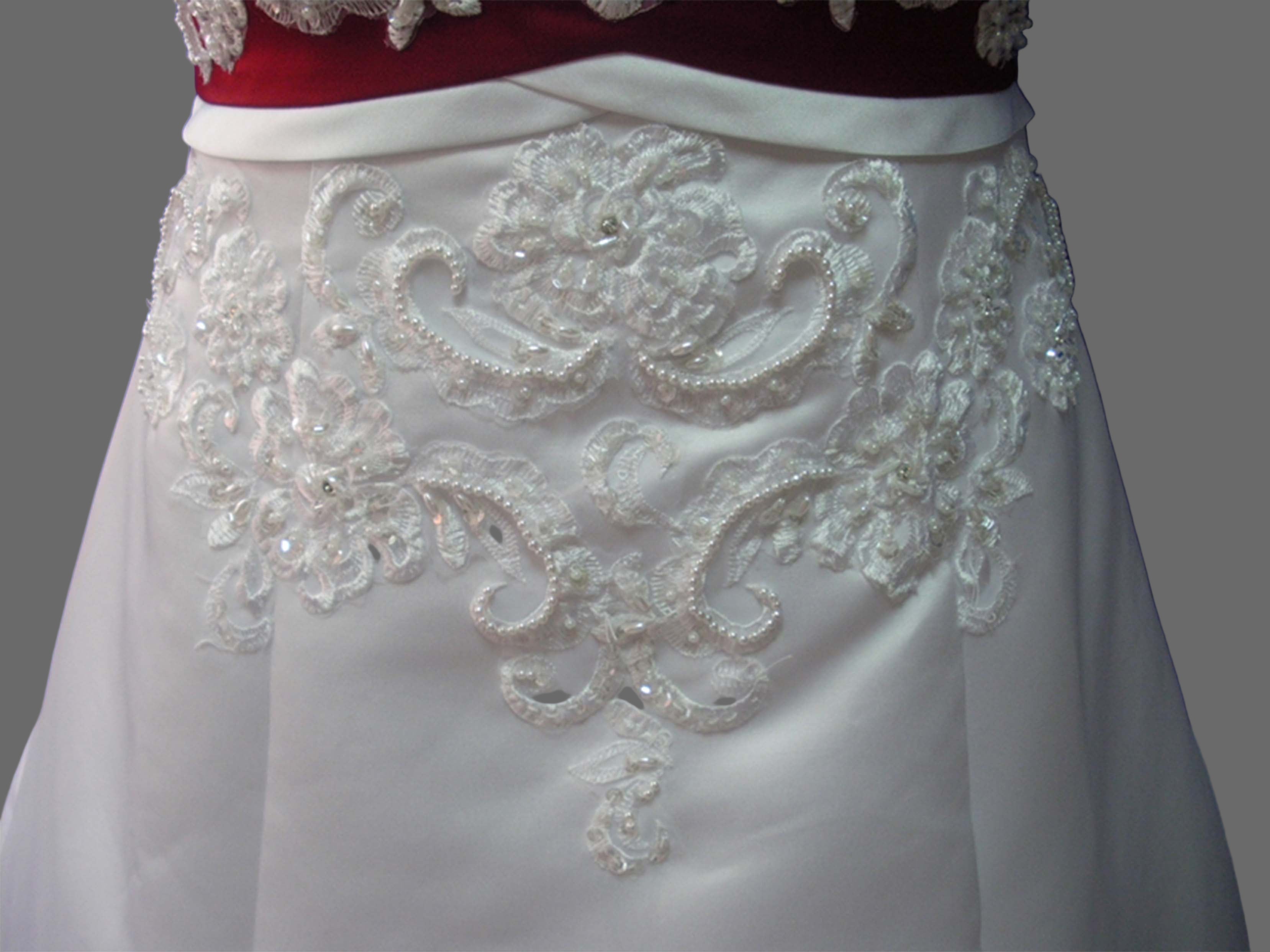 Elegant White A-Line Wedding Dress with Red Sash & Lace Embroidery Train