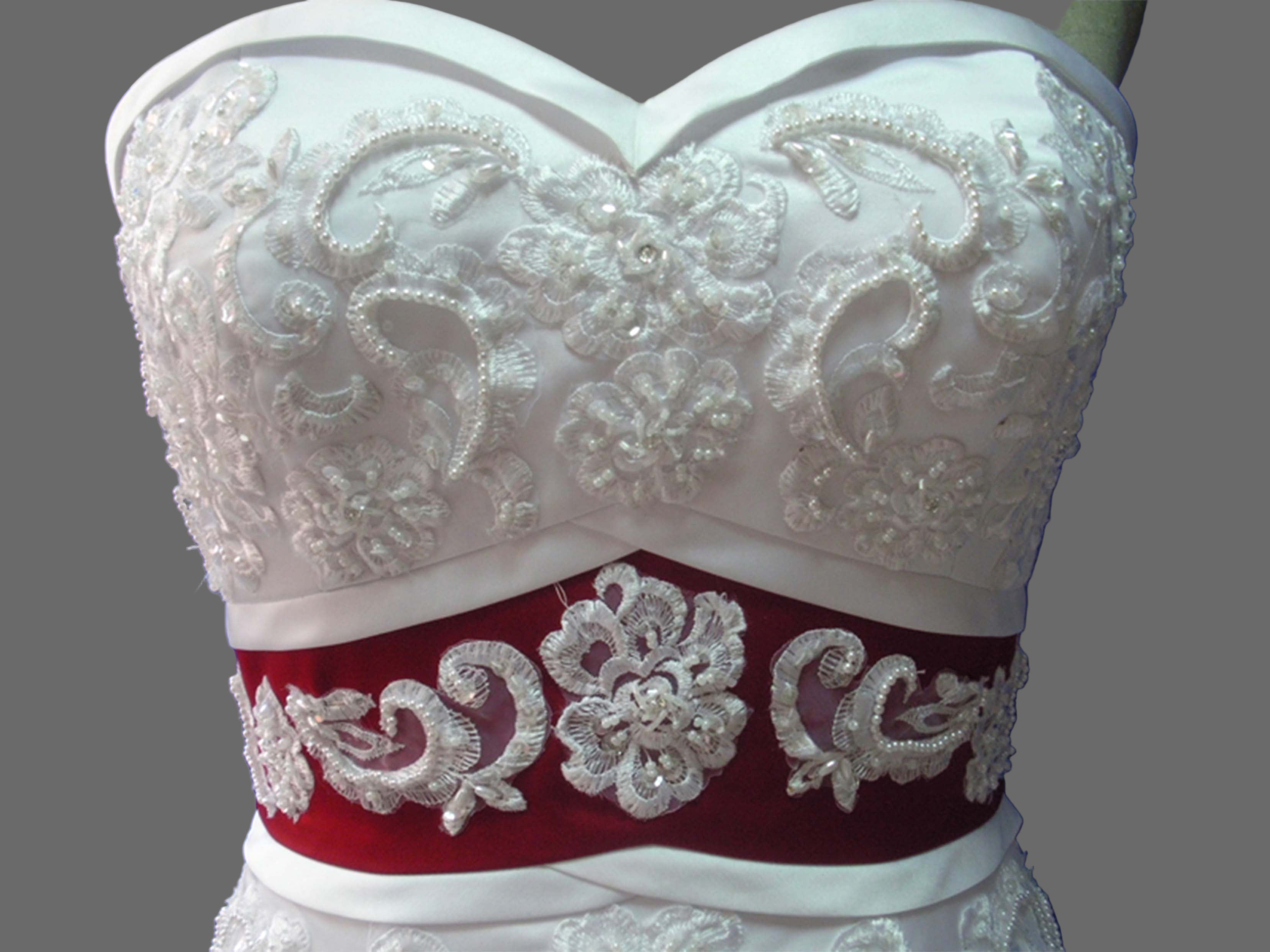 Elegant White A-Line Wedding Dress with Red Sash & Lace Embroidery Train