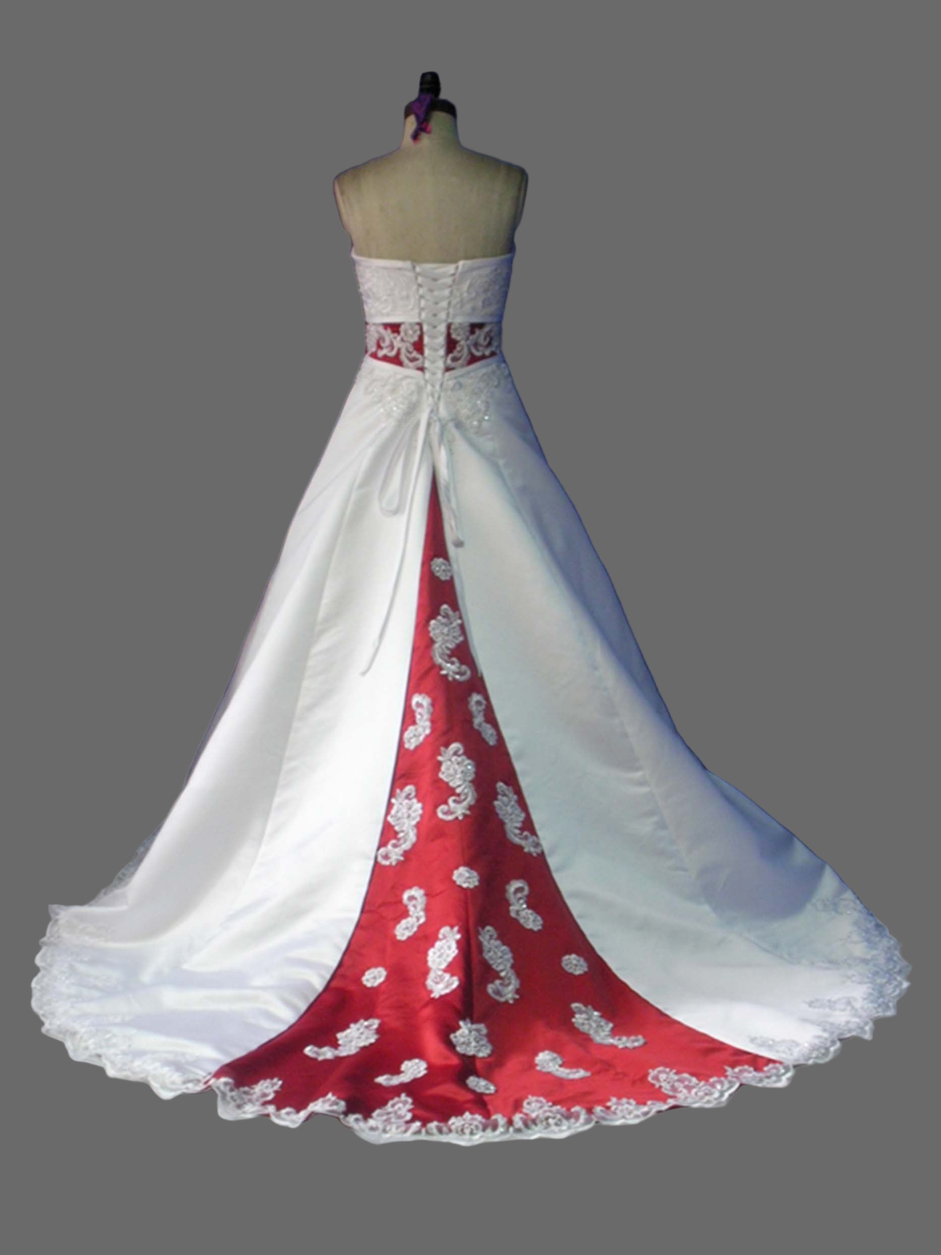 Elegant White A-Line Wedding Dress with Red Sash & Lace Embroidery Train