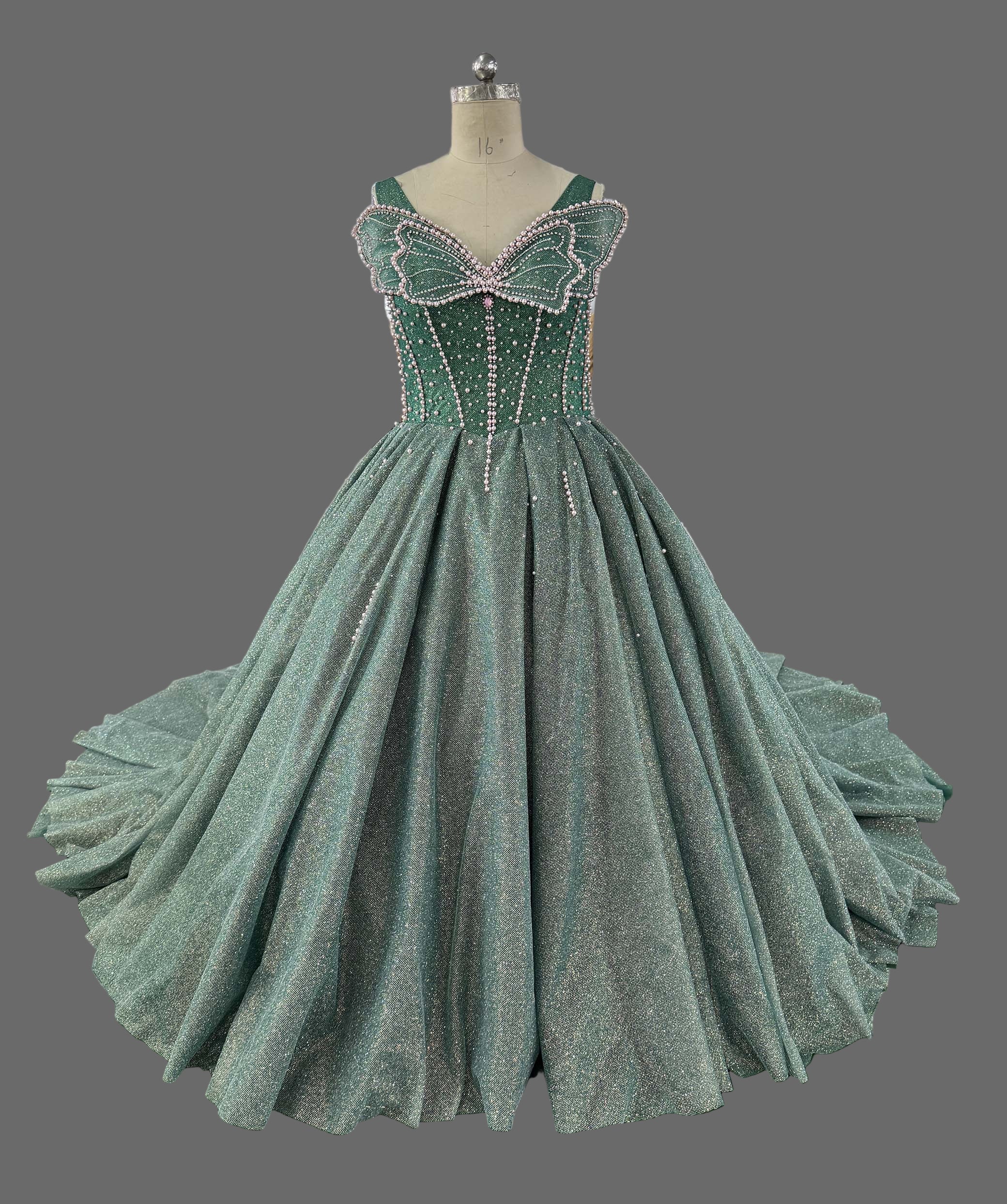 Emerald Green Ball Gown - Beaded Sweetheart Neckline Prom Dress with Cathedral Train