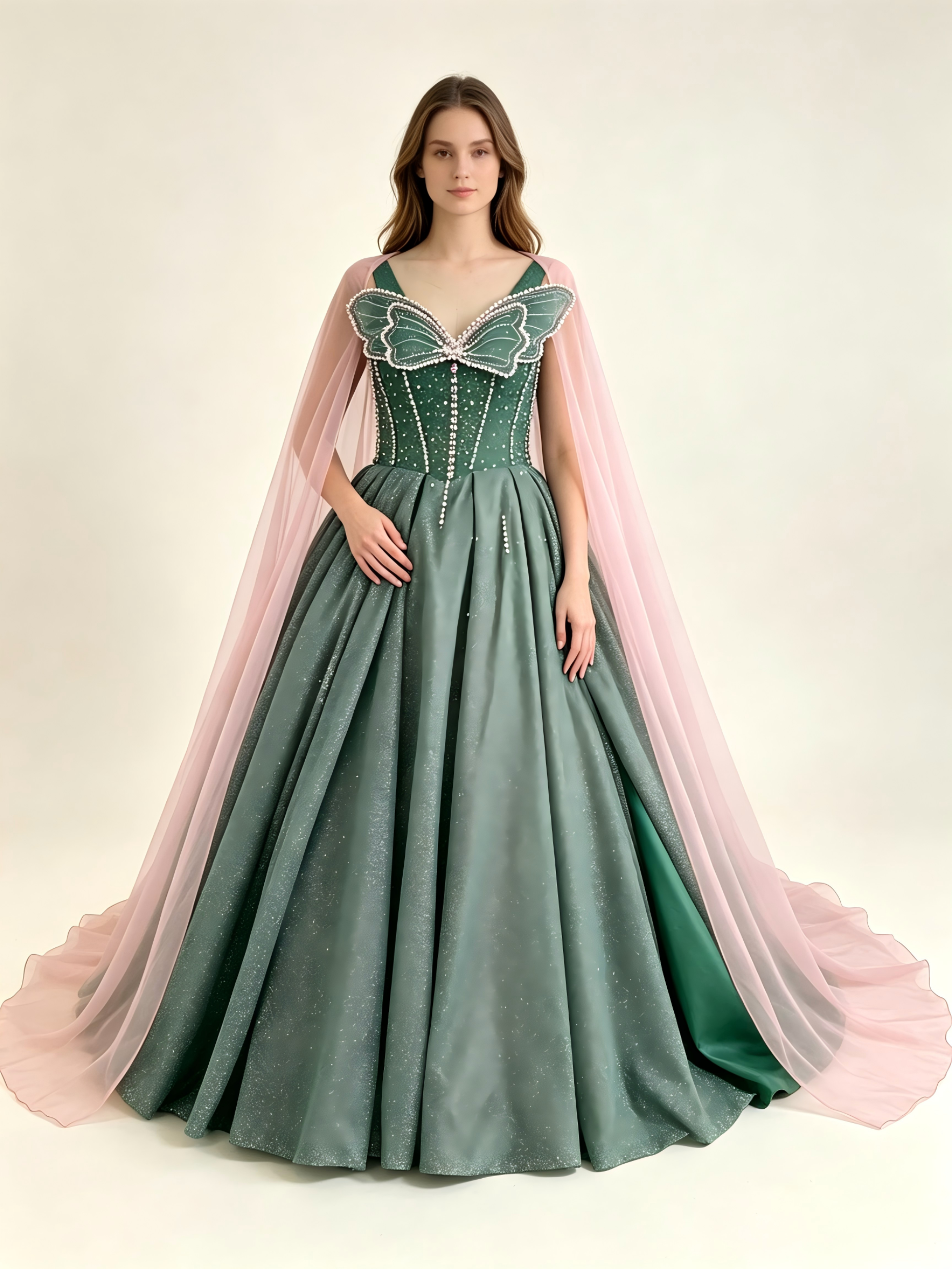 Emerald Green Ball Gown - Beaded Sweetheart Neckline Prom Dress with Cathedral Train