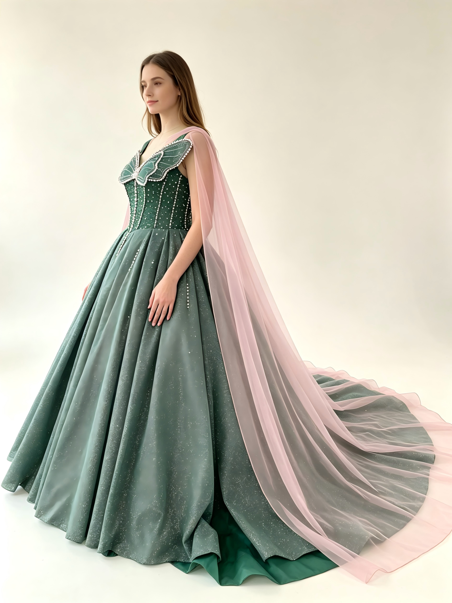 Emerald Green Ball Gown - Beaded Sweetheart Neckline Prom Dress with Cathedral Train