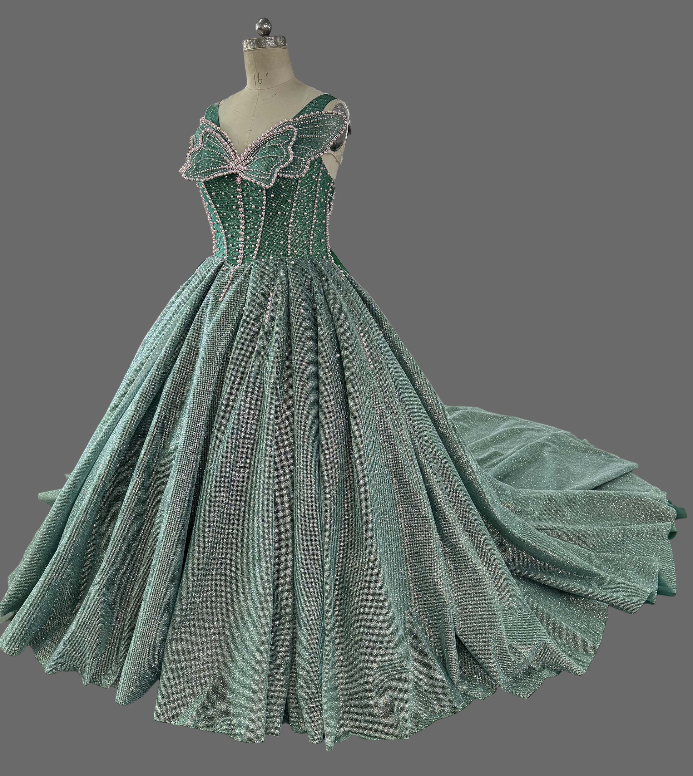 Emerald Green Ball Gown - Beaded Sweetheart Neckline Prom Dress with Cathedral Train