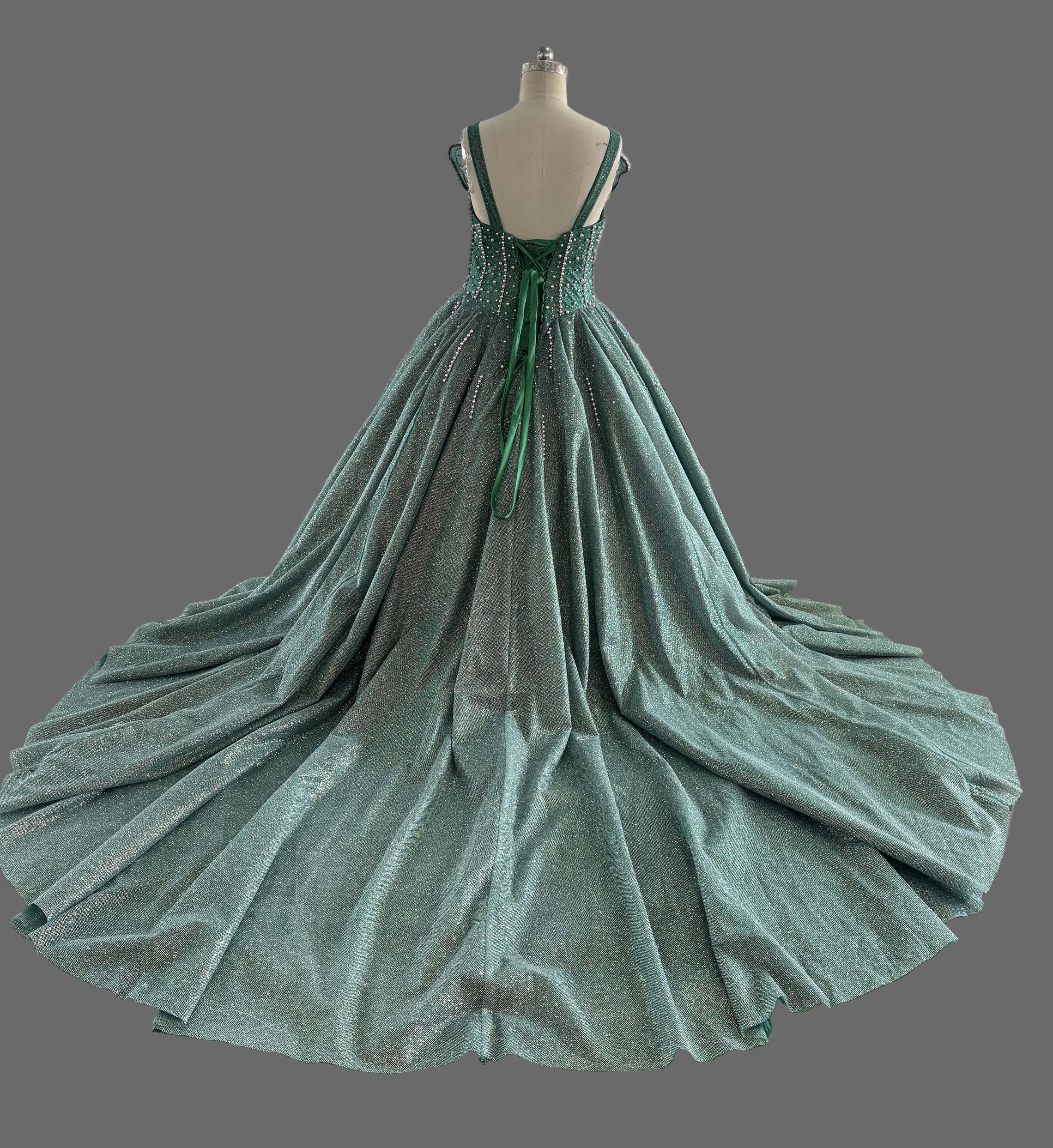 Emerald Green Ball Gown - Beaded Sweetheart Neckline Prom Dress with Cathedral Train