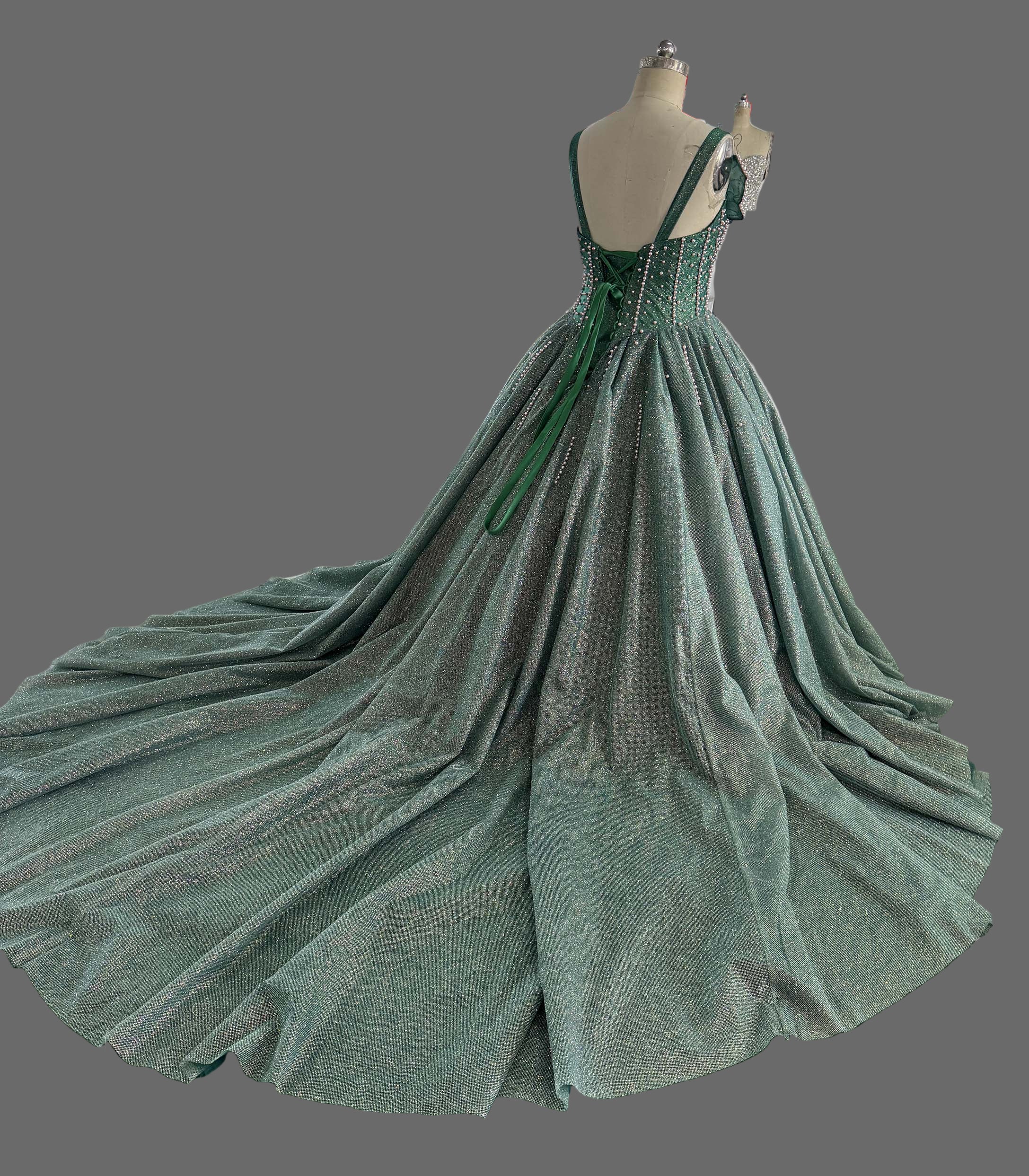 Emerald Green Ball Gown - Beaded Sweetheart Neckline Prom Dress with Cathedral Train