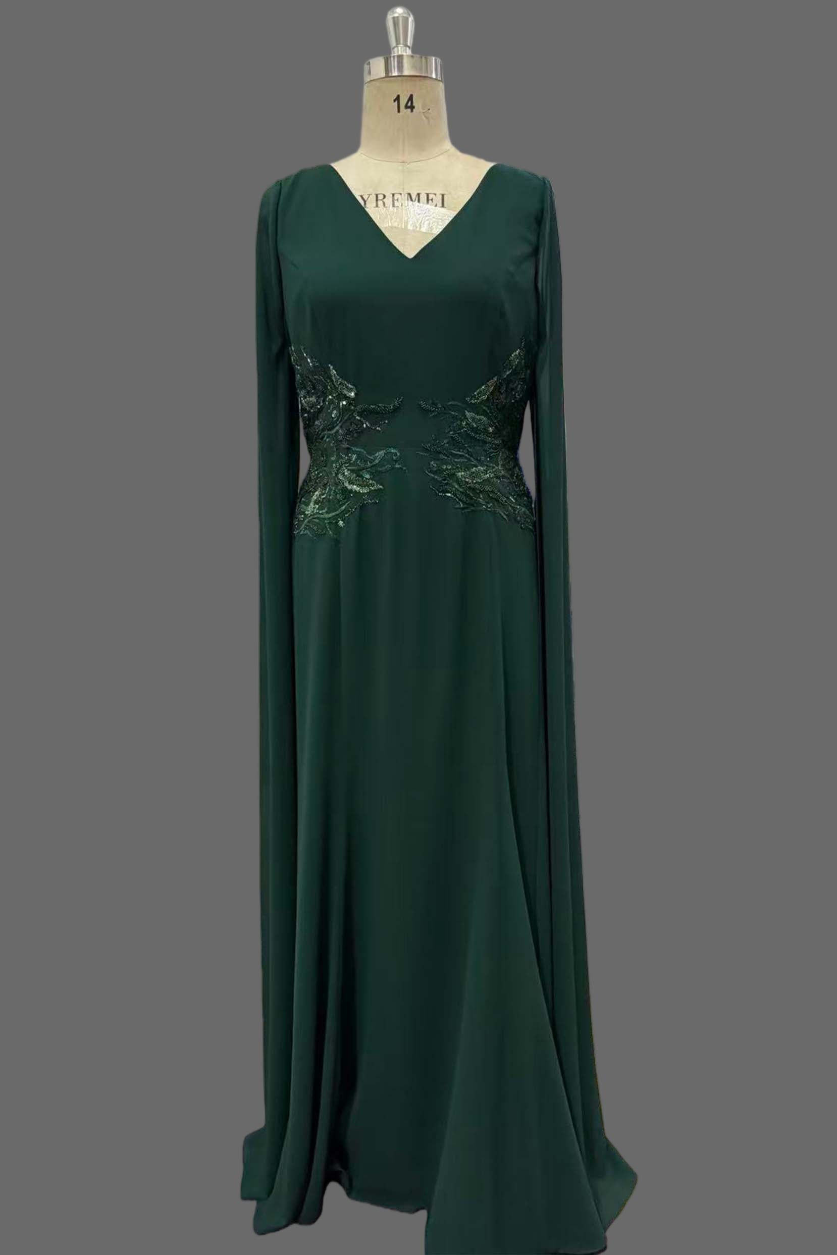 Emerald Green Bridesmaid Dress - V-Neck Long Sleeve Lace Waist A-Line Gown