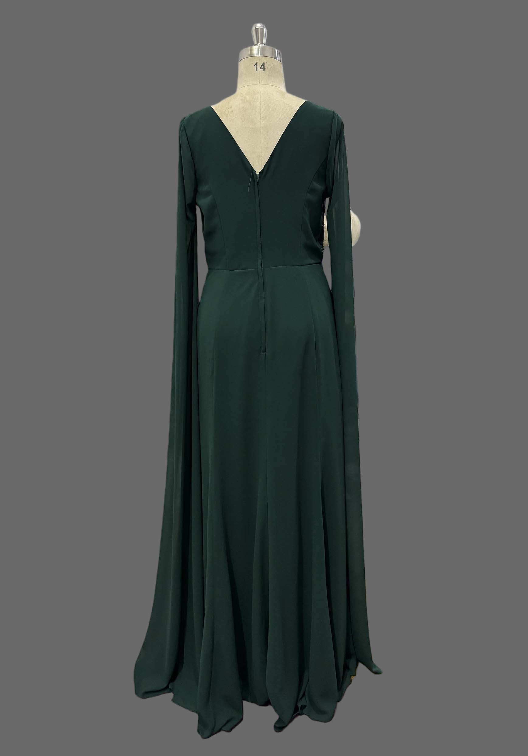 Emerald Green Bridesmaid Dress - V-Neck Long Sleeve Lace Waist A-Line Gown