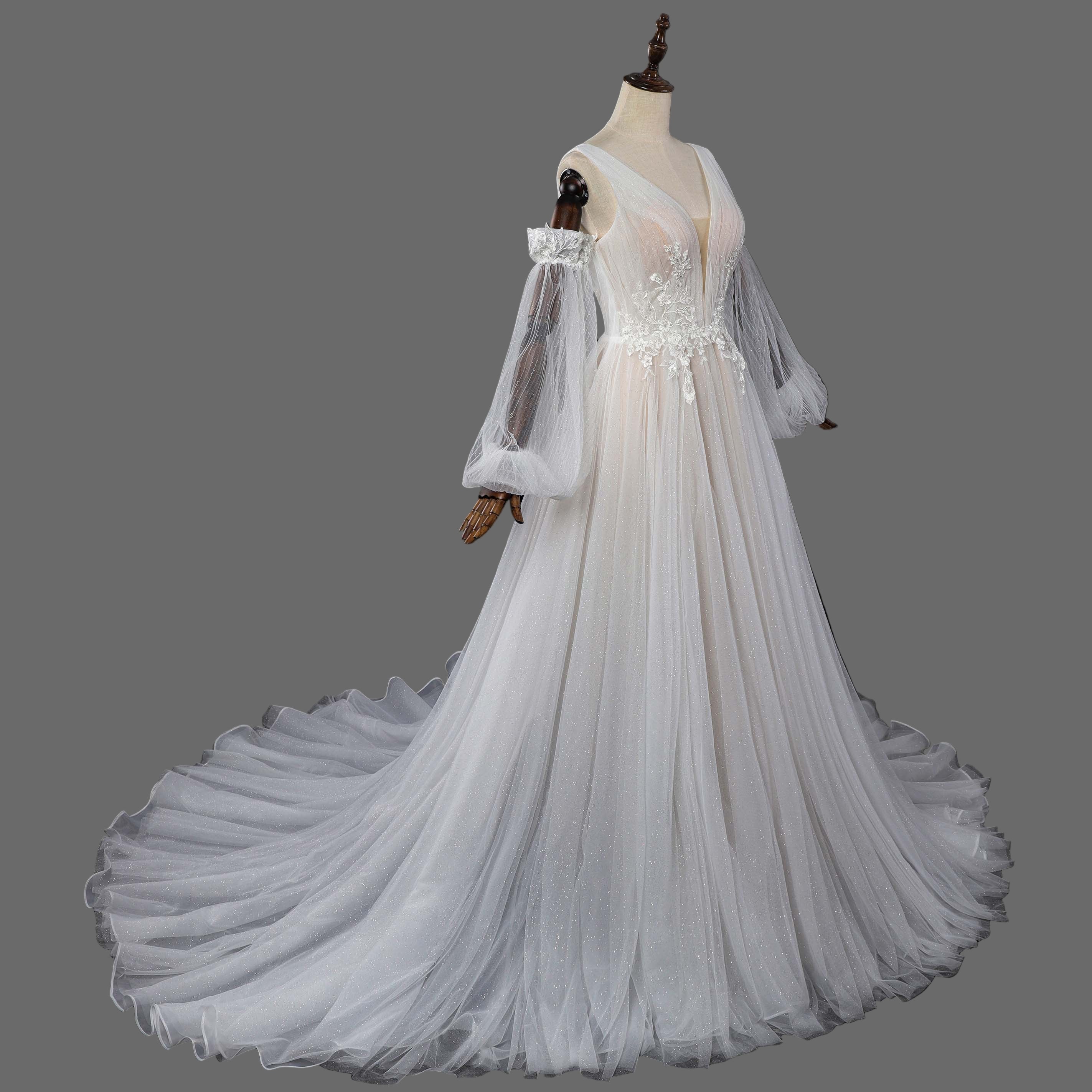 Ethereal V-Neck Ballgown Wedding Dress with Detachable Off-Shoulder Tulle Sleeves