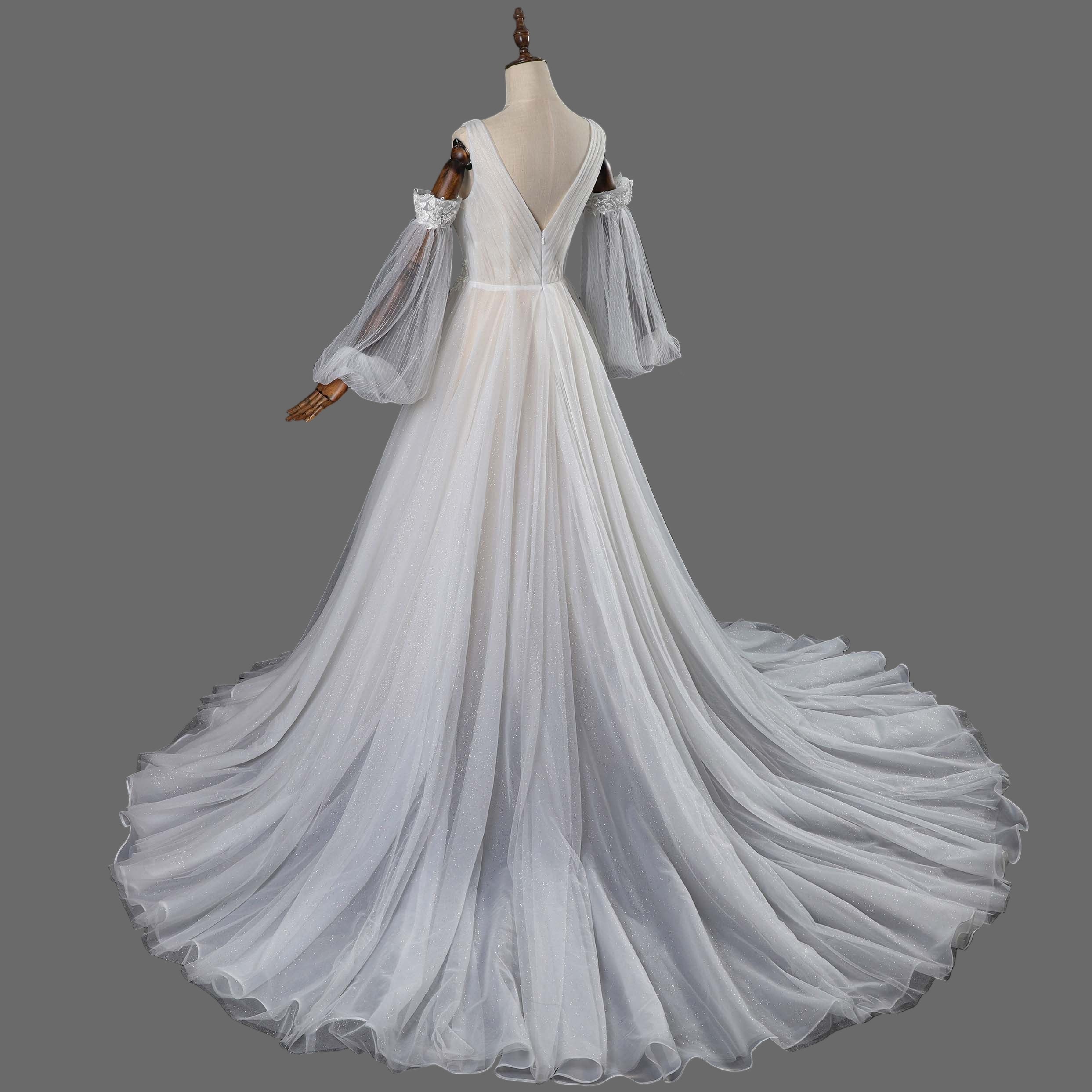 Ethereal V-Neck Ballgown Wedding Dress with Detachable Off-Shoulder Tulle Sleeves