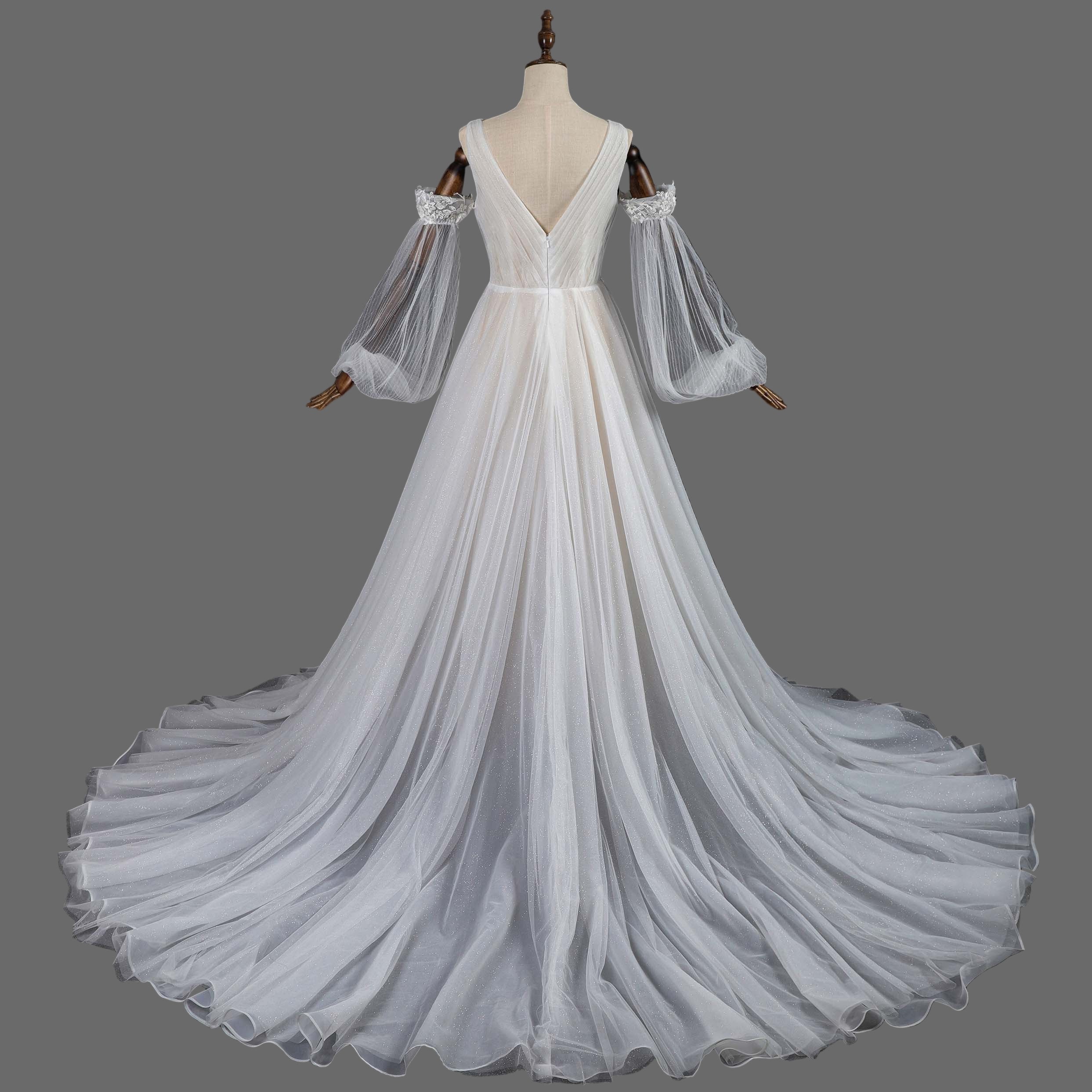 Ethereal V-Neck Ballgown Wedding Dress with Detachable Off-Shoulder Tulle Sleeves