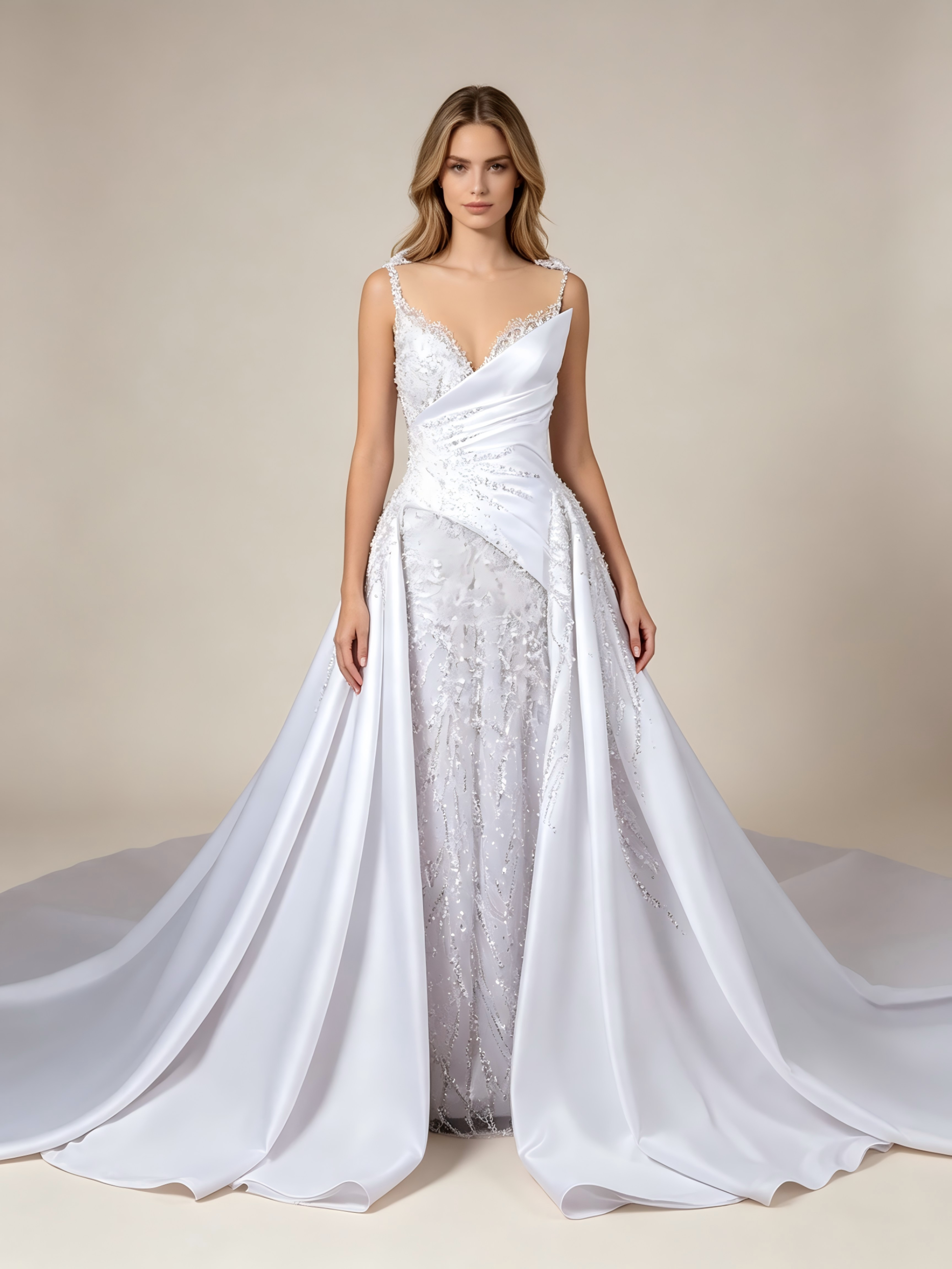 Exquisite  Draped Satin Ball Gown Wedding Dress With Heavy Beadwork