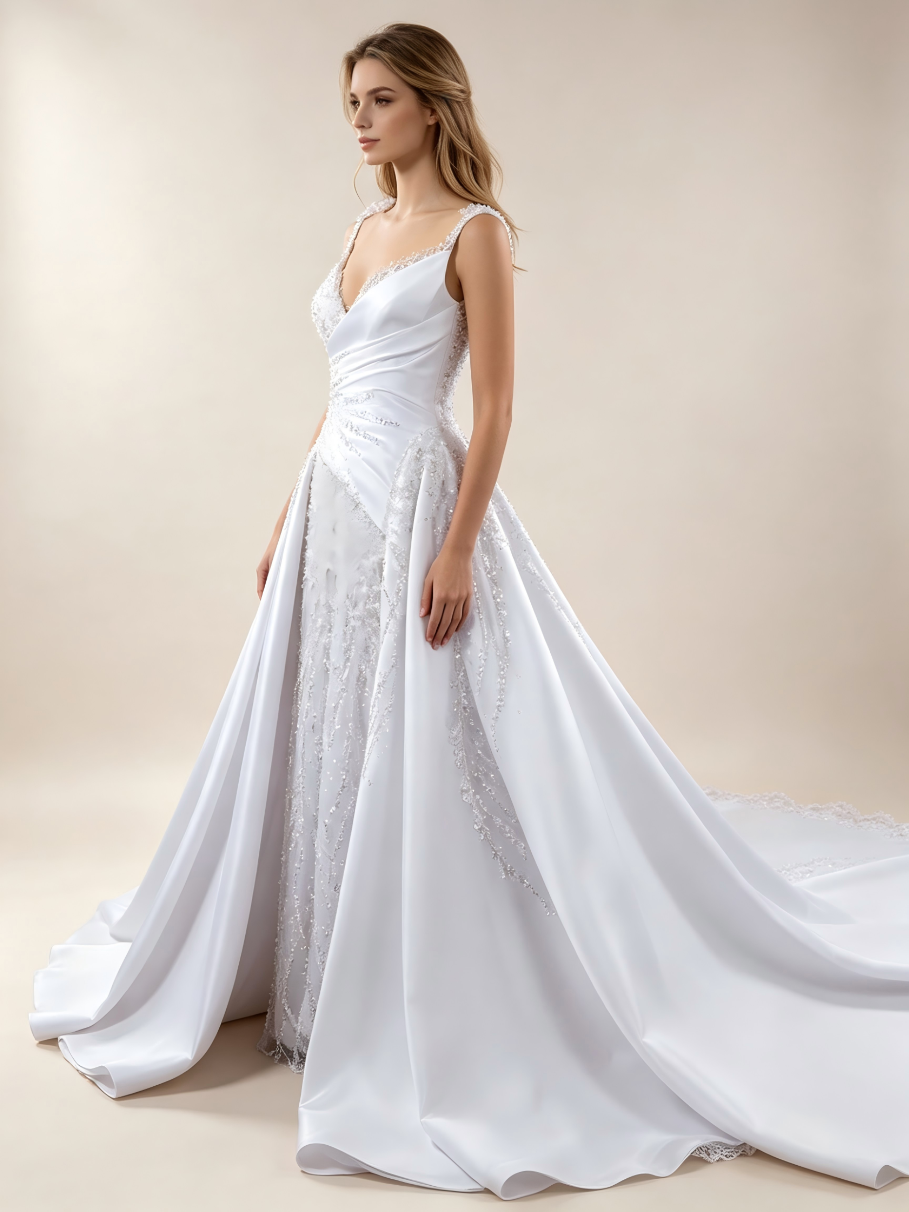 Exquisite  Draped Satin Ball Gown Wedding Dress With Heavy Beadwork