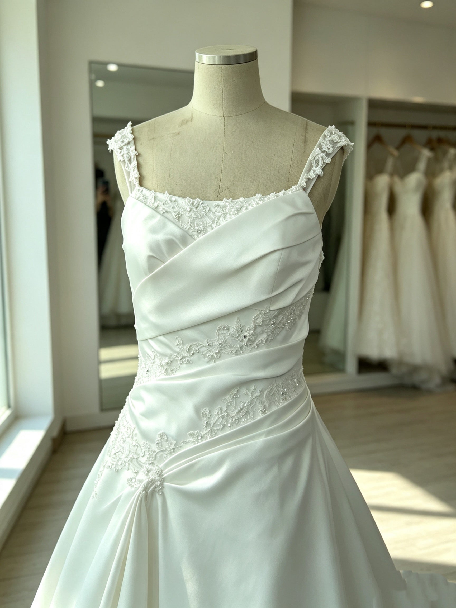 Ivory Satin A-Line Wedding Dress with Lace Straps, Ruched Bodice & Floral Embroidery – Chapel Train Bridal Gown