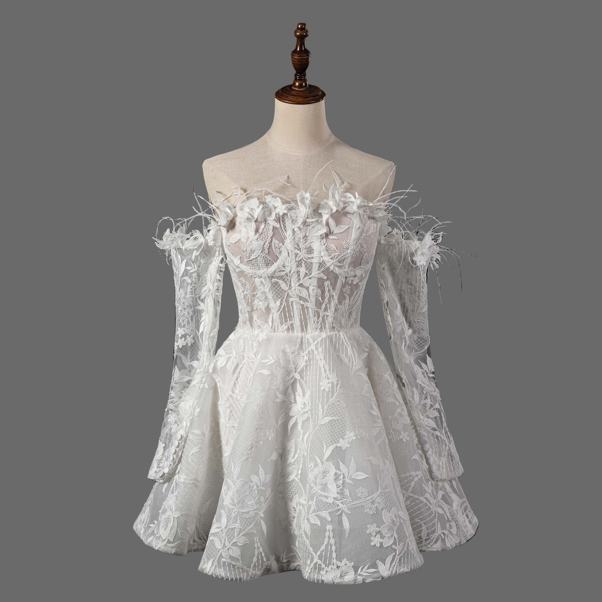 Feather Embellished Short Wedding Dress with Floral Lace Appliques