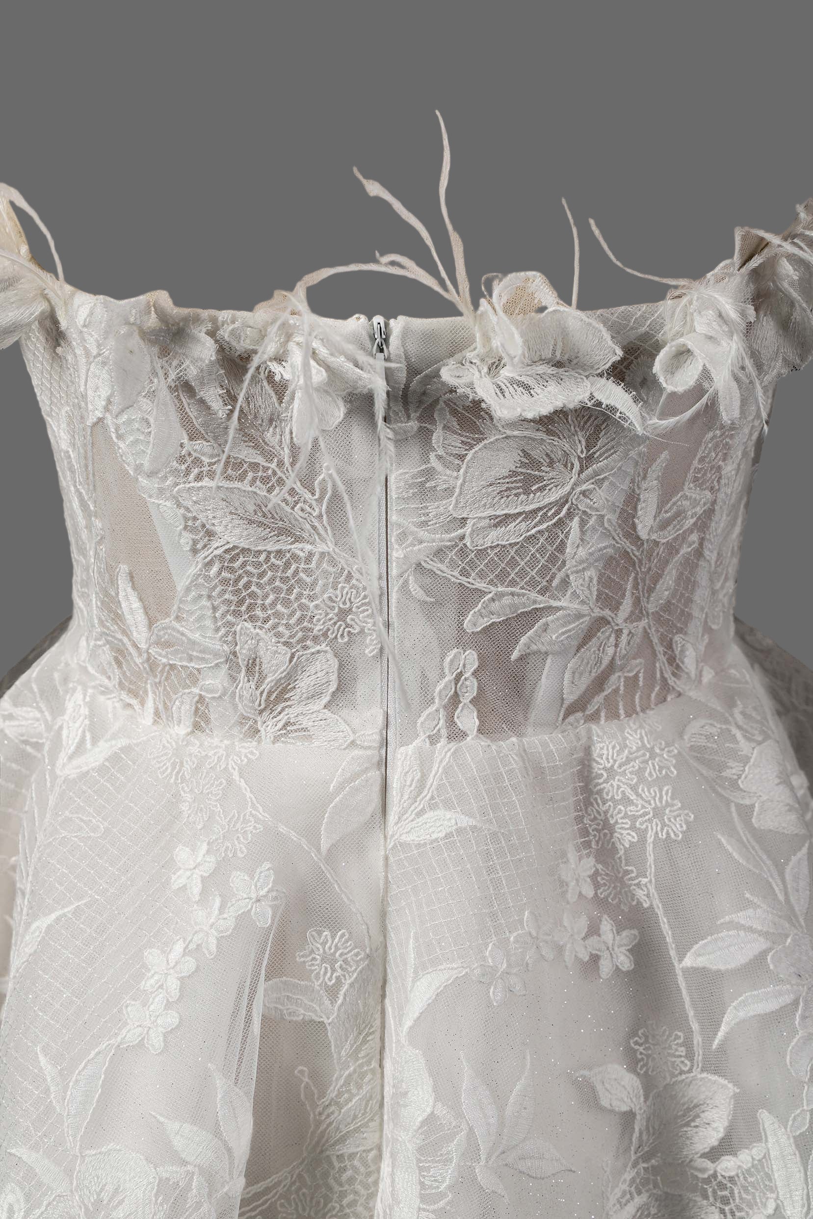 Feather Embellished Short Wedding Dress with Floral Lace Appliques