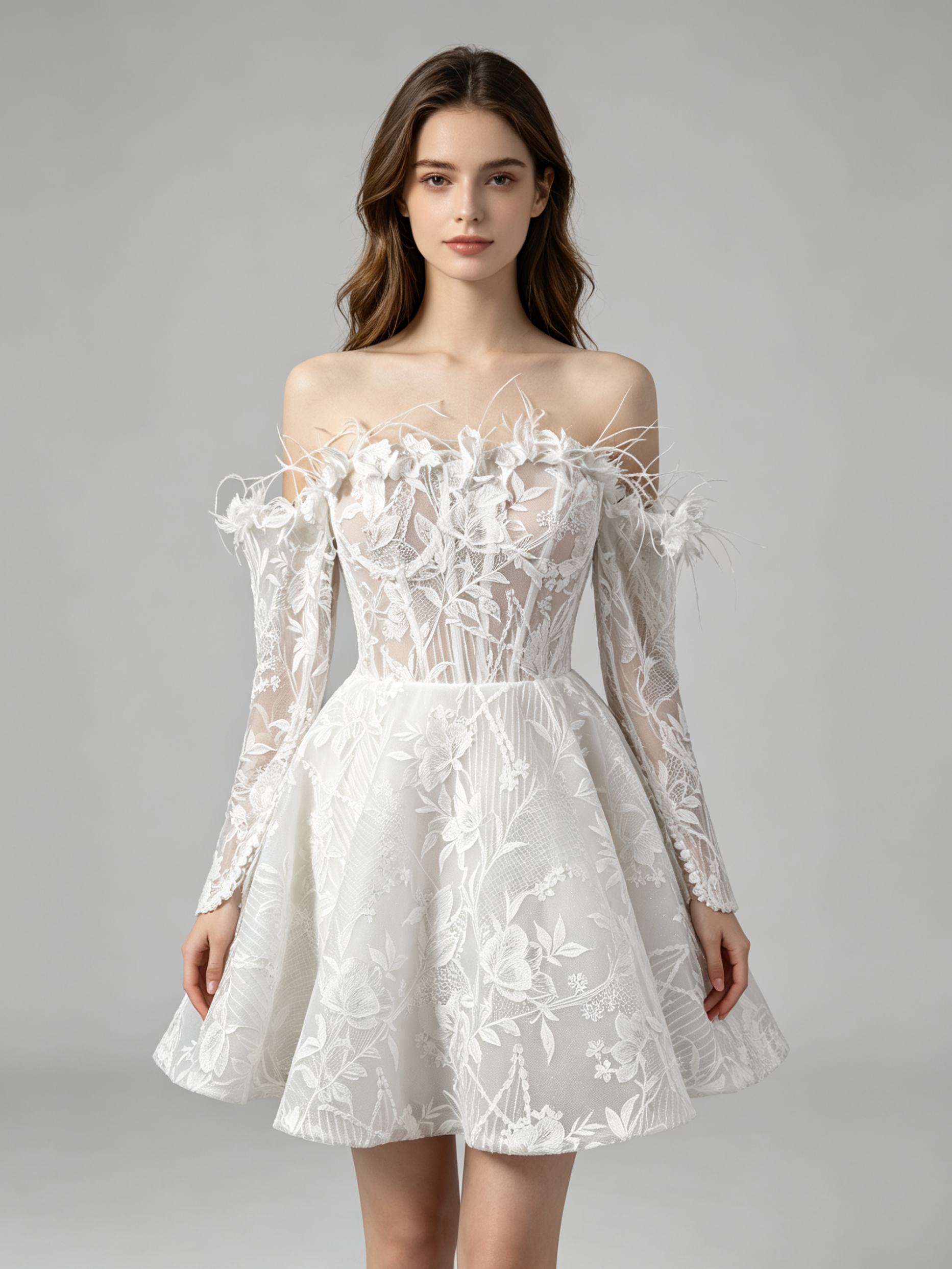 Feather Embellished Short Wedding Dress with Floral Lace Appliques