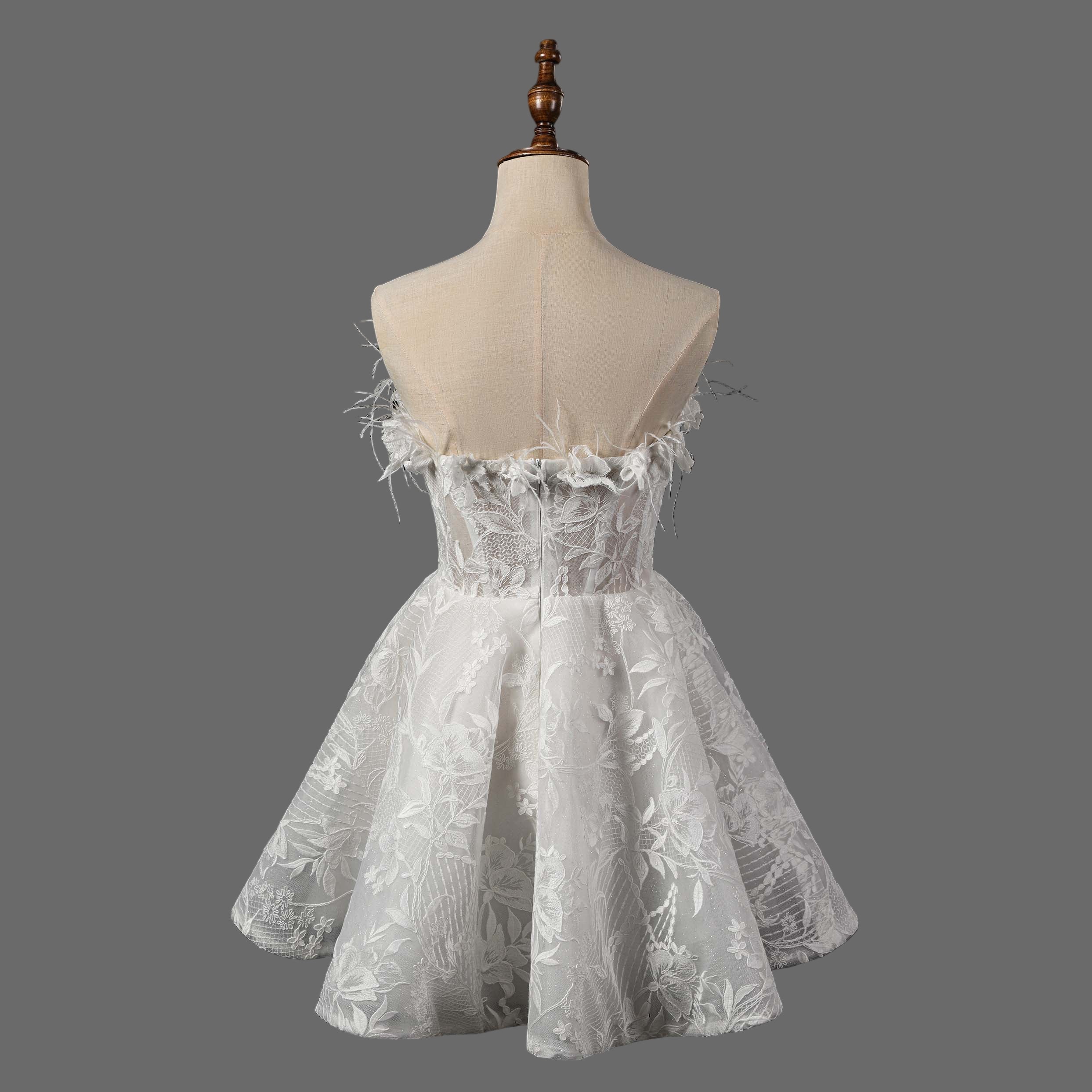 Feather Embellished Short Wedding Dress with Floral Lace Appliques