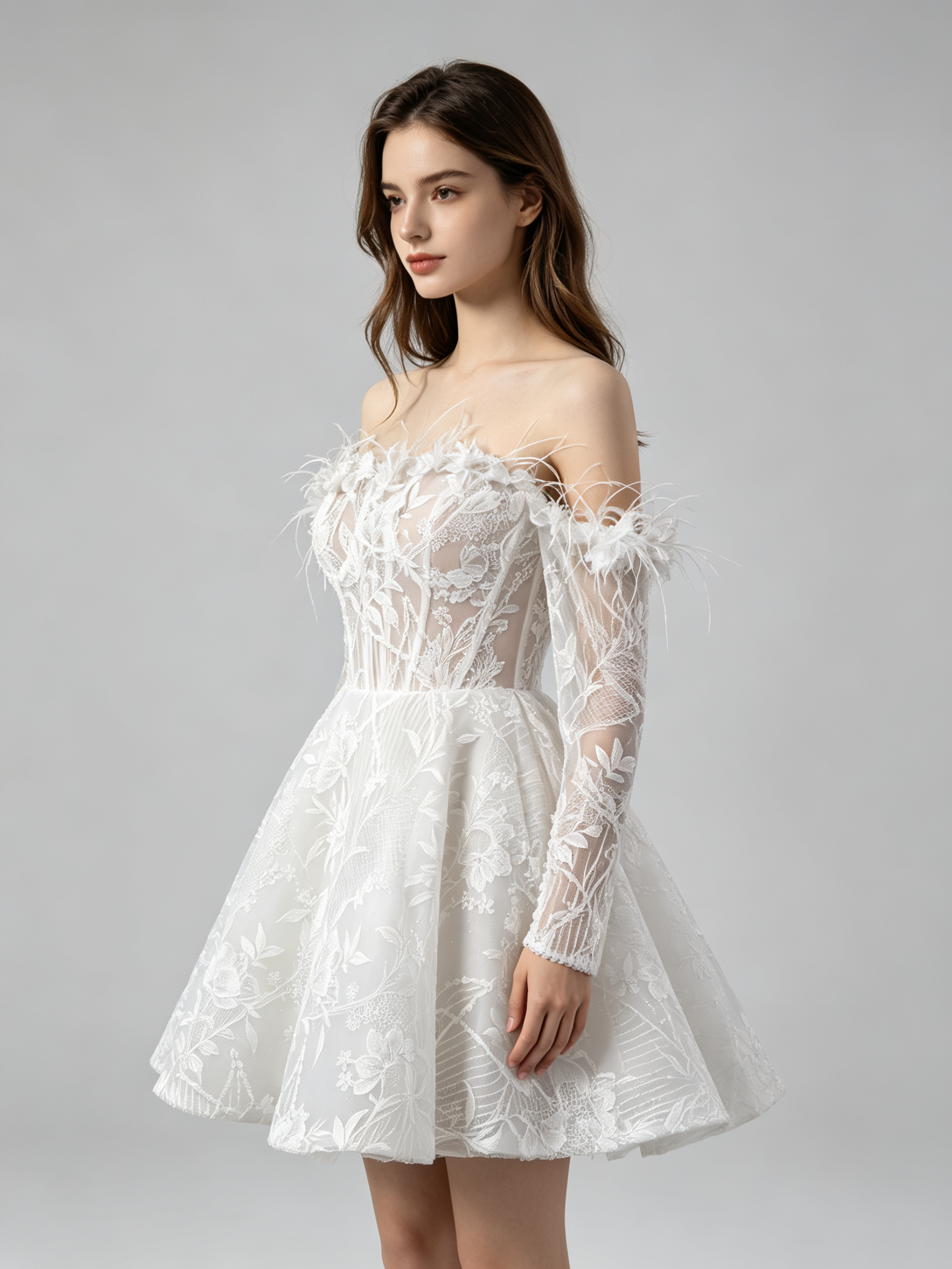 Feather Embellished Short Wedding Dress with Floral Lace Appliques
