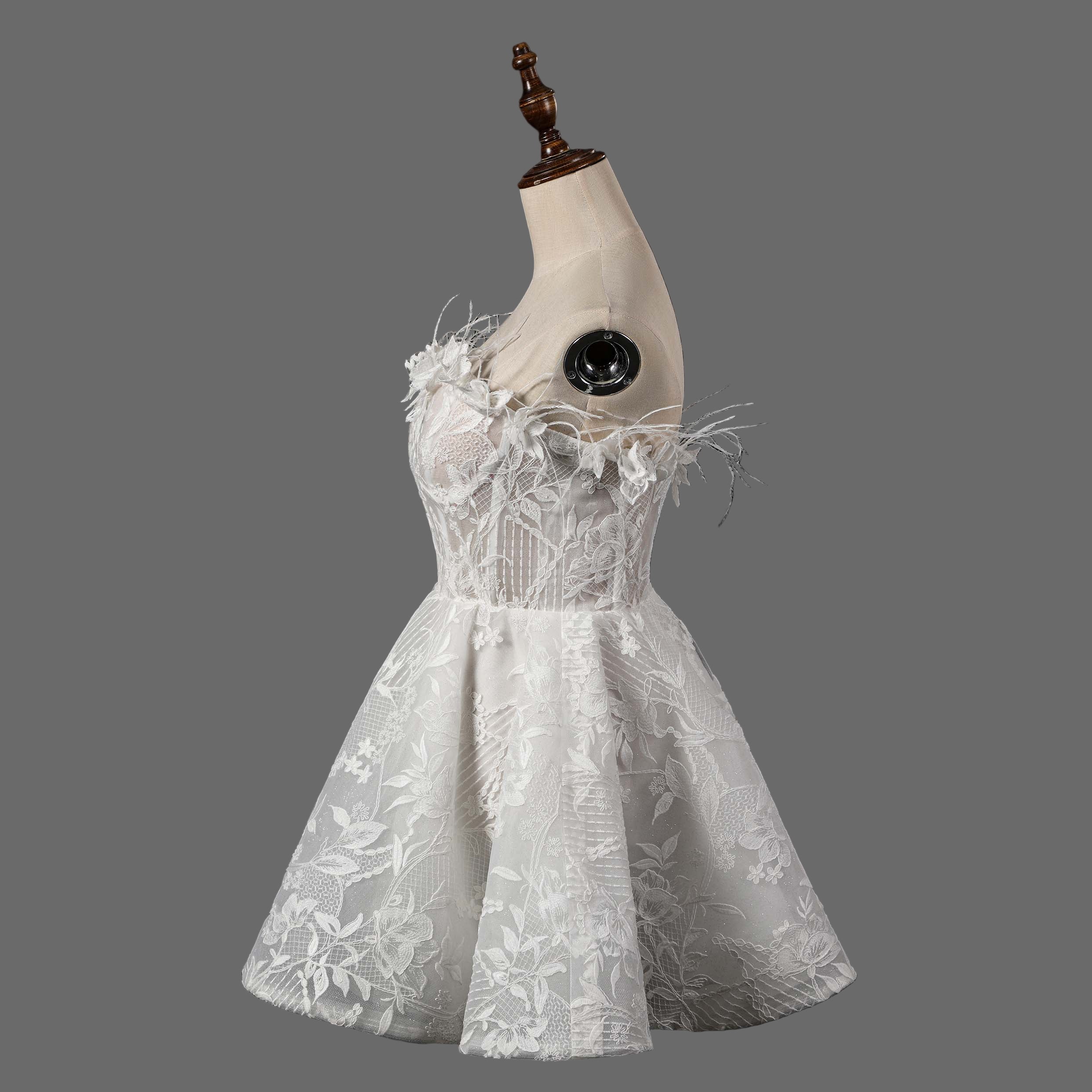 Feather Embellished Short Wedding Dress with Floral Lace Appliques