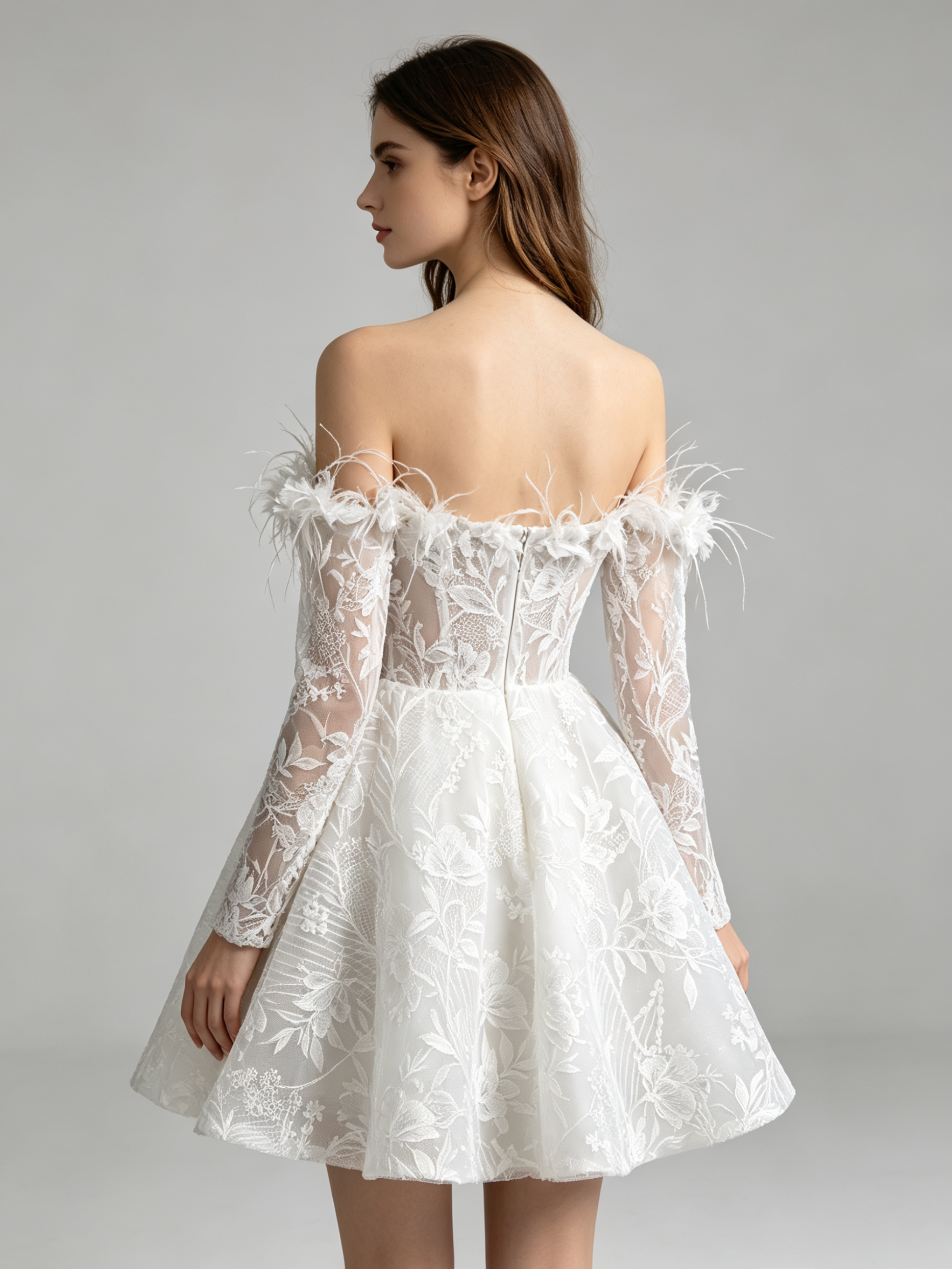 Feather Embellished Short Wedding Dress with Floral Lace Appliques