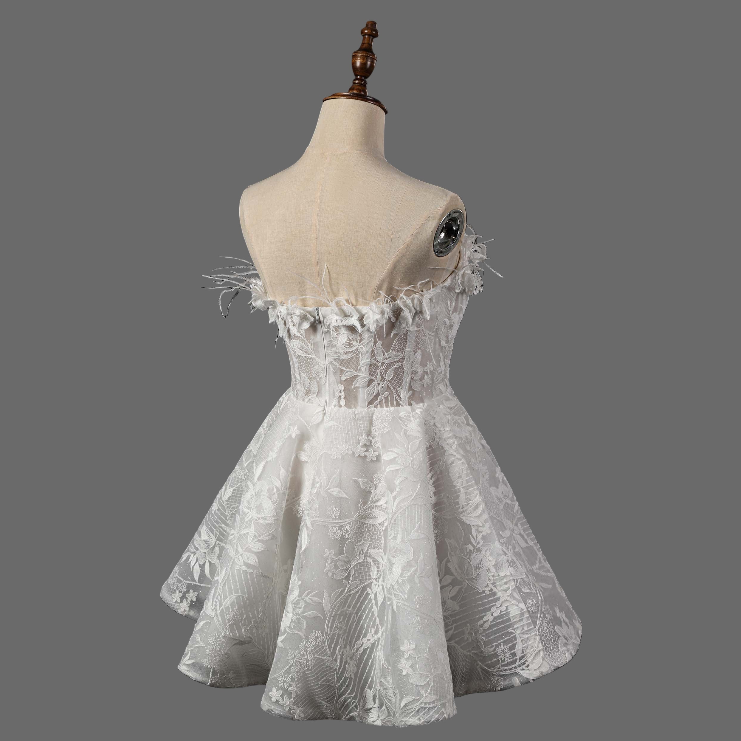 Feather Embellished Short Wedding Dress with Floral Lace Appliques