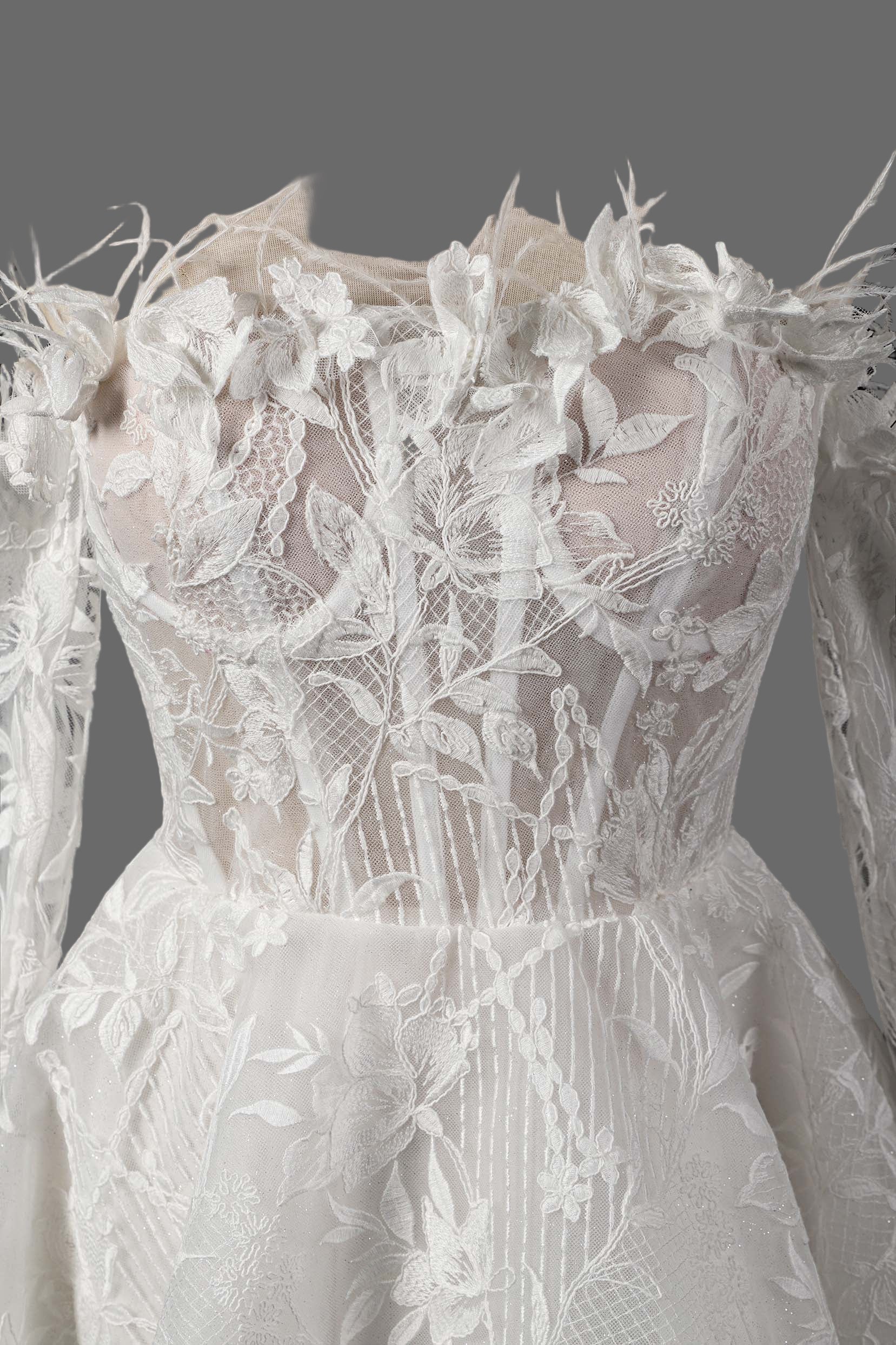 Feather Embellished Short Wedding Dress with Floral Lace Appliques