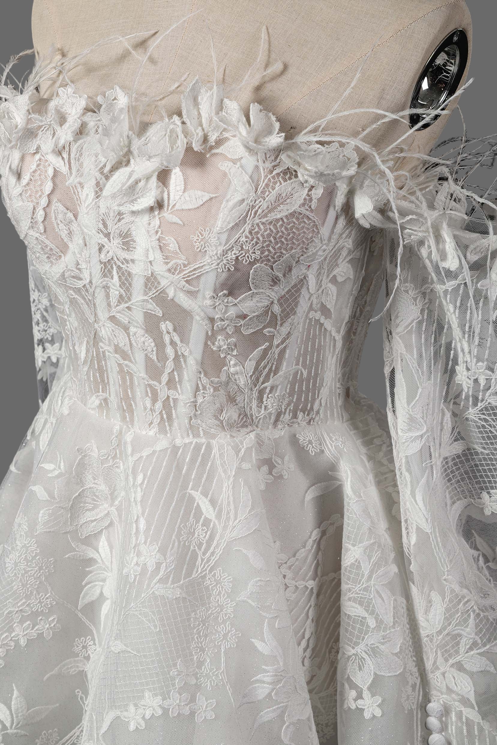 Feather Embellished Short Wedding Dress with Floral Lace Appliques