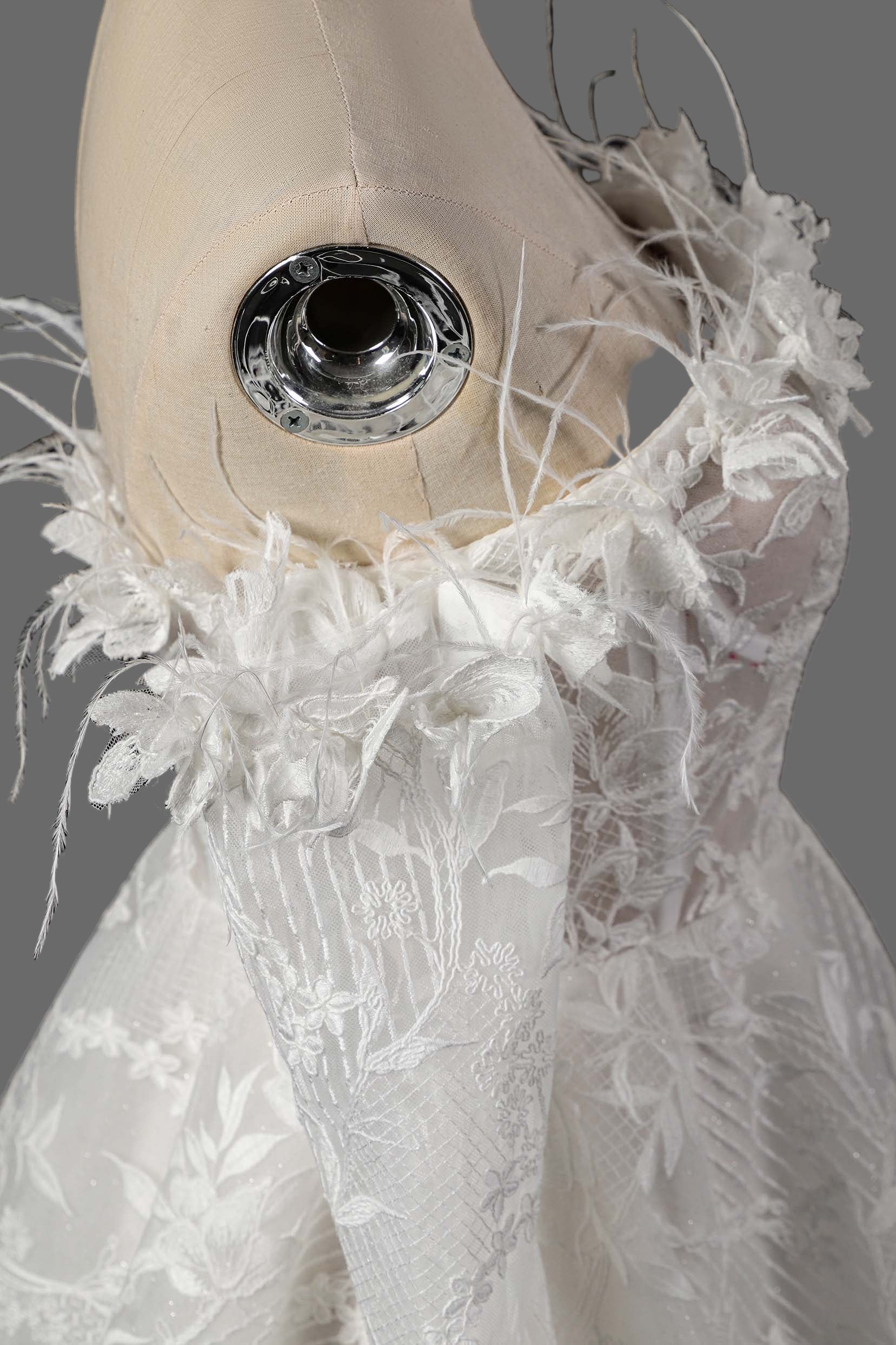 Feather Embellished Short Wedding Dress with Floral Lace Appliques