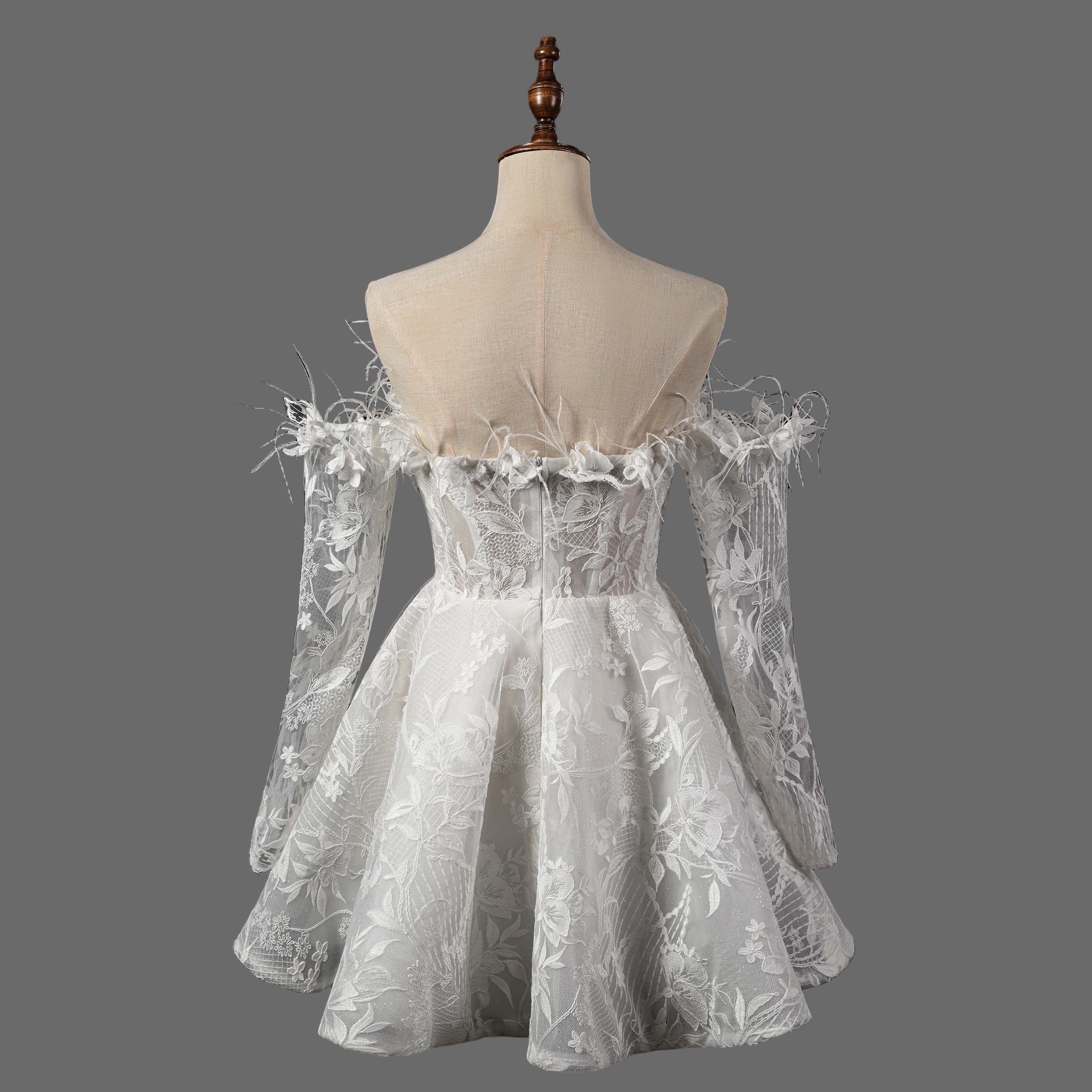 Feather Embellished Short Wedding Dress with Floral Lace Appliques