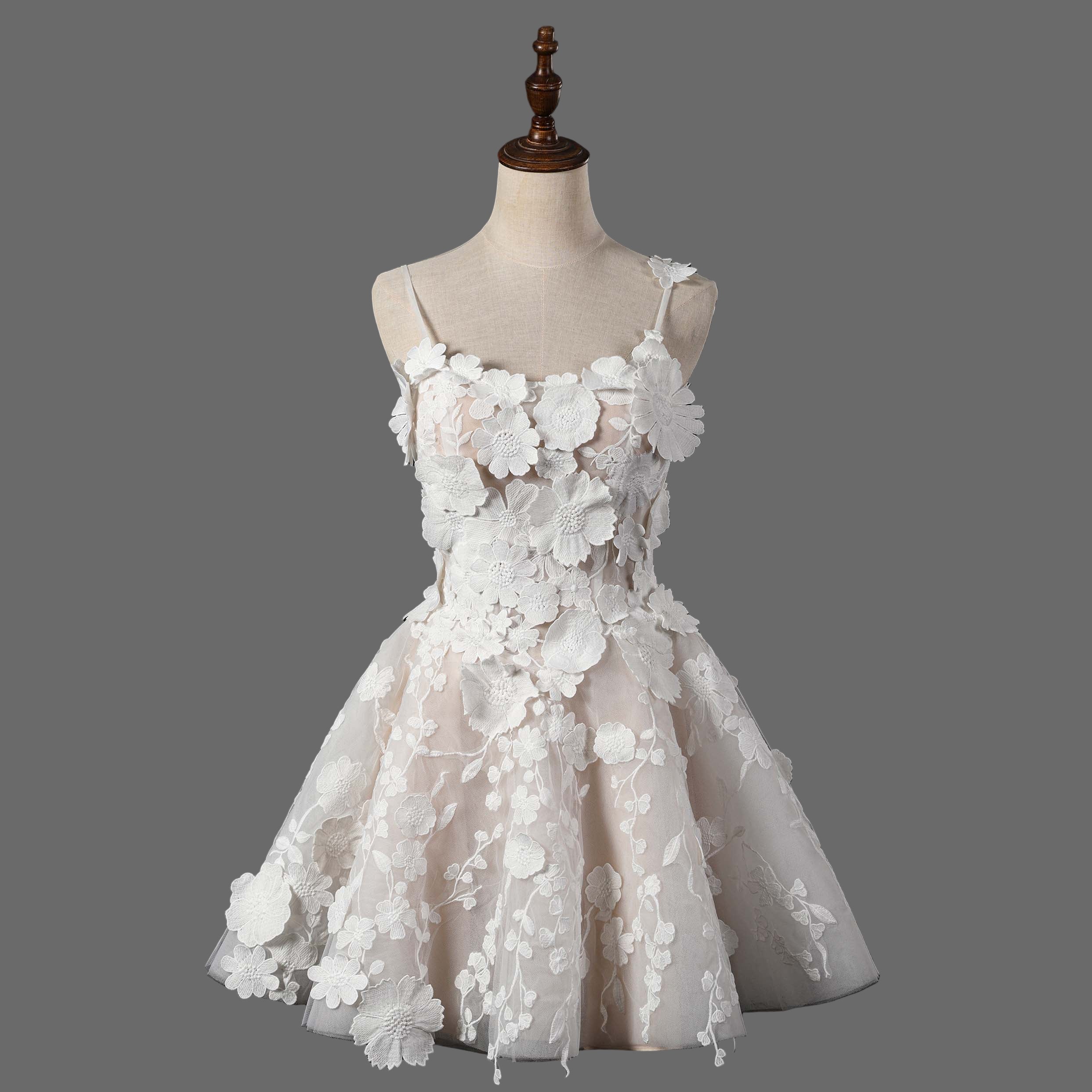 Floral Lace Applique Short Wedding Dress - A-Line Mini Bridal Gown with 3D Flowers
