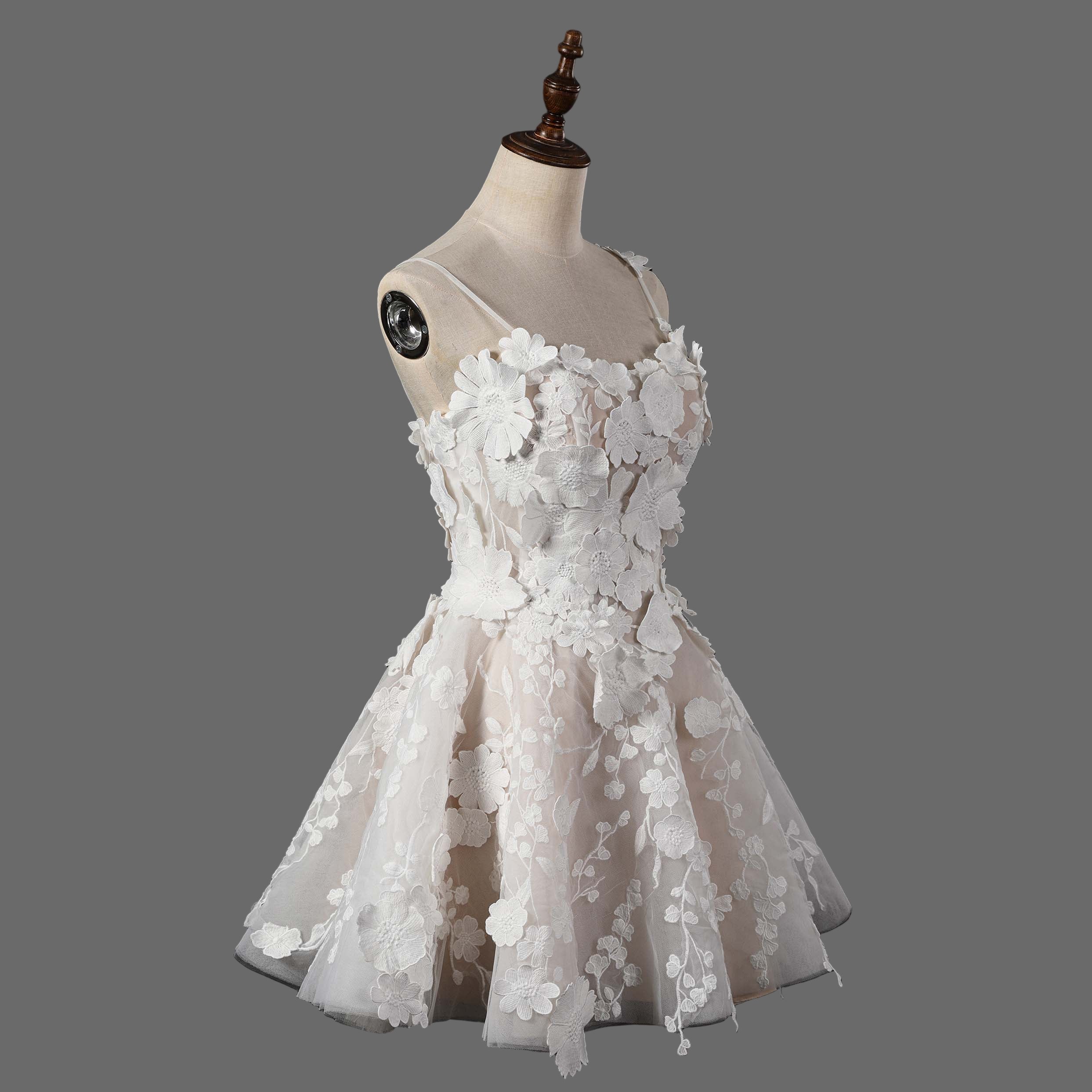 Floral Lace Applique Short Wedding Dress - A-Line Mini Bridal Gown with 3D Flowers