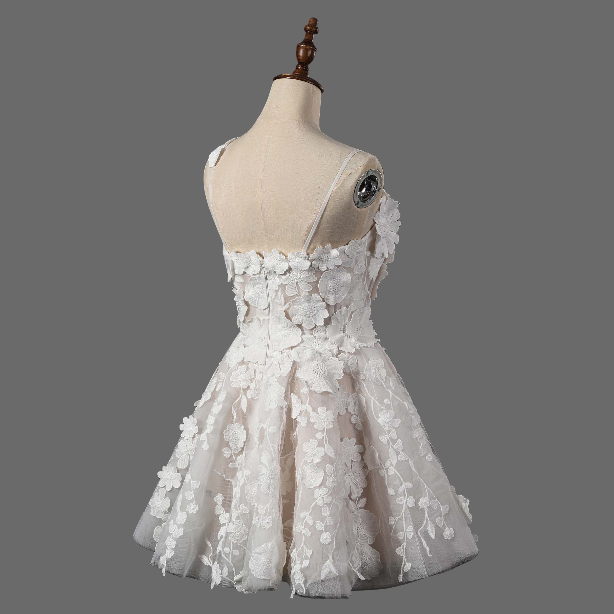Floral Lace Applique Short Wedding Dress - A-Line Mini Bridal Gown with 3D Flowers