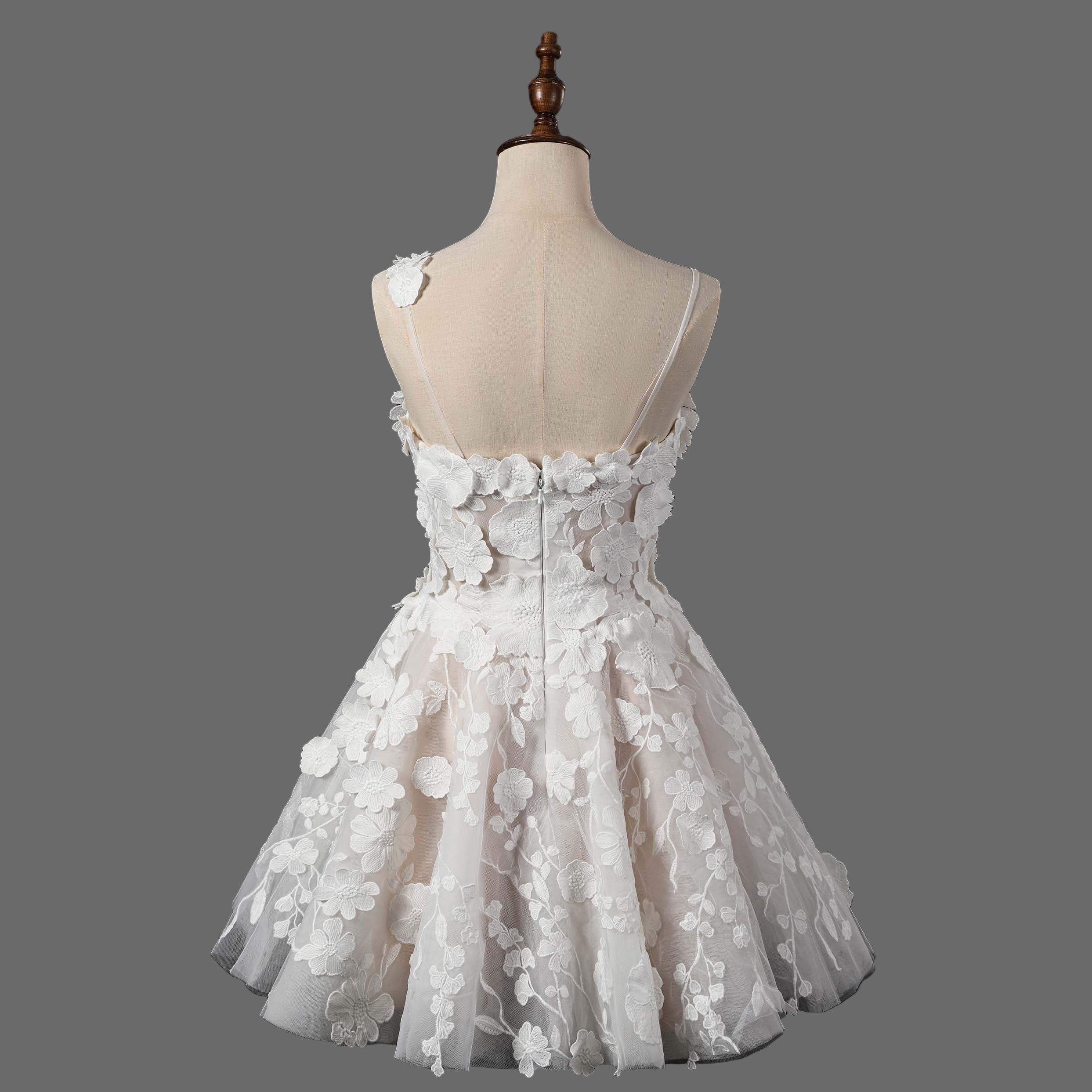 Floral Lace Applique Short Wedding Dress - A-Line Mini Bridal Gown with 3D Flowers